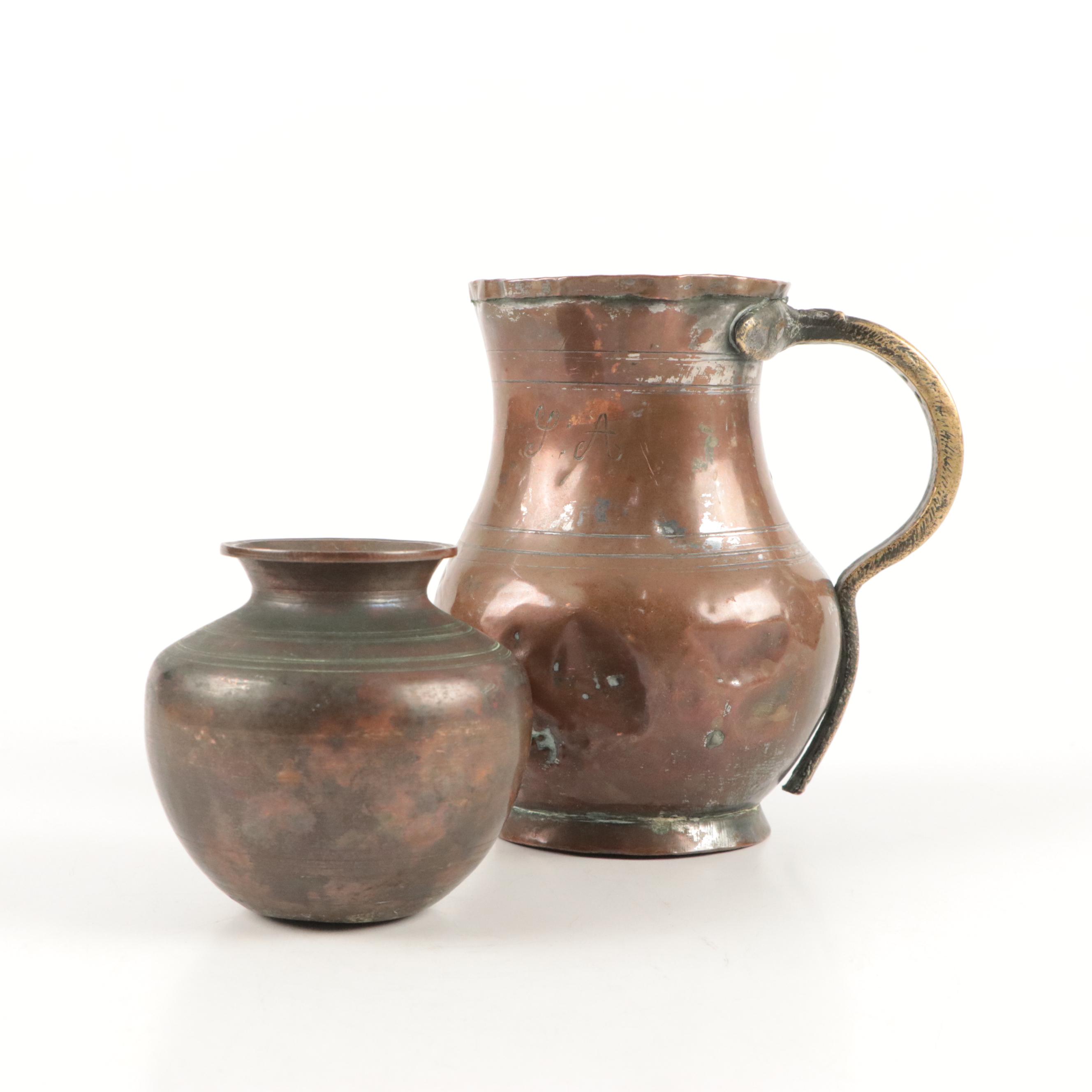 French Style Copper and Brass Baluster Tankard and Other Pot