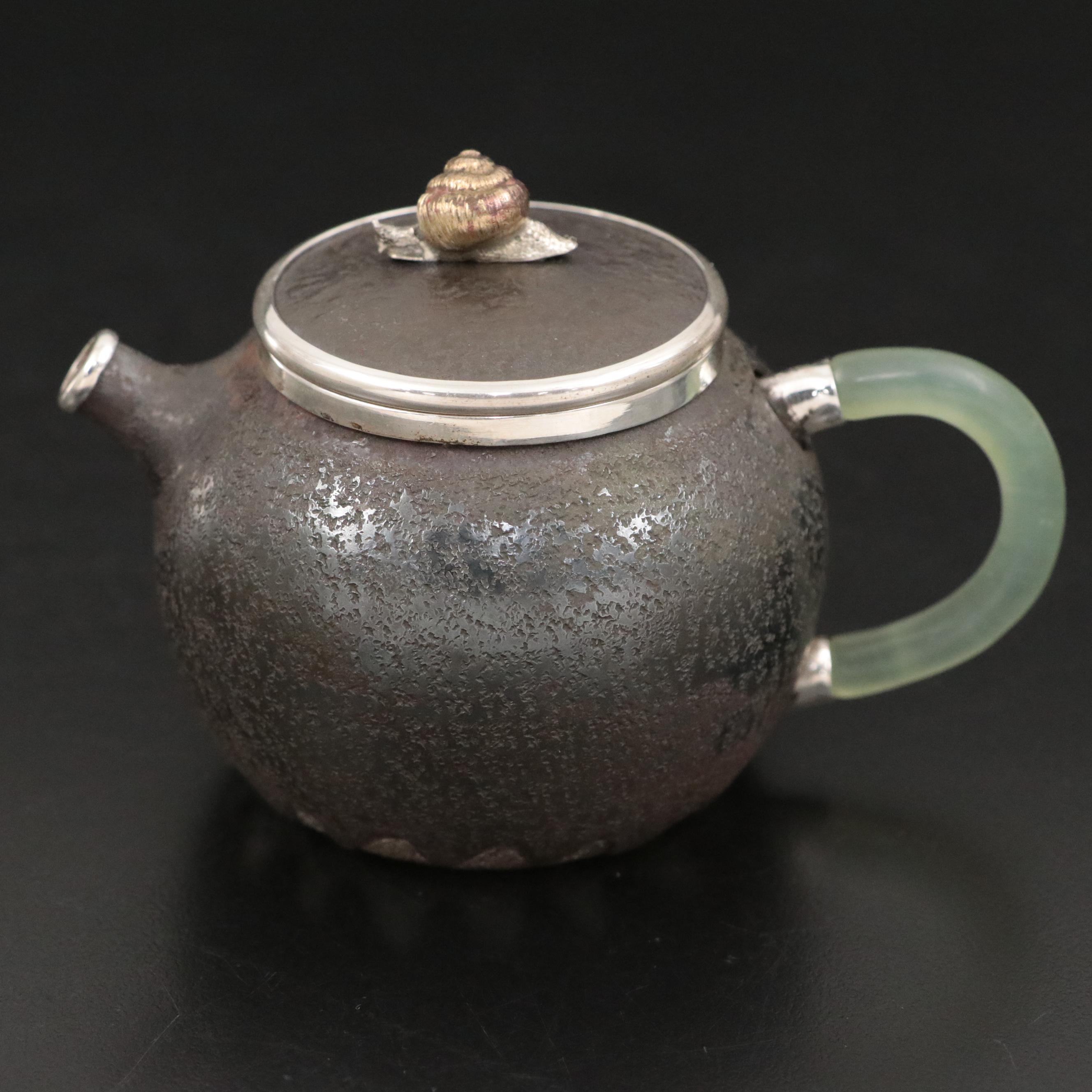 Japanese Sterling Silver and Mixed Metal Teapot with Serpentine Handle
