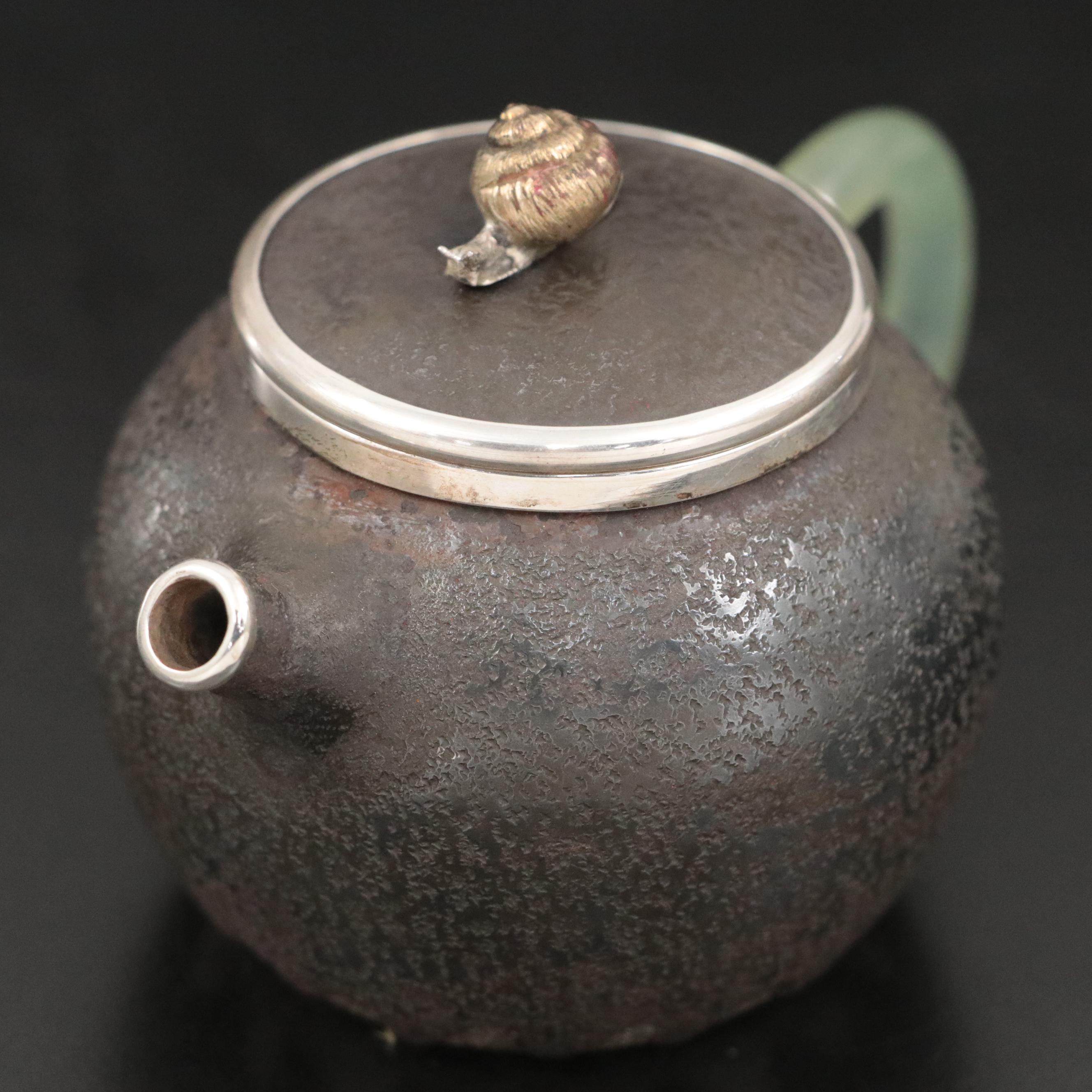 Japanese Sterling Silver and Mixed Metal Teapot with Serpentine Handle