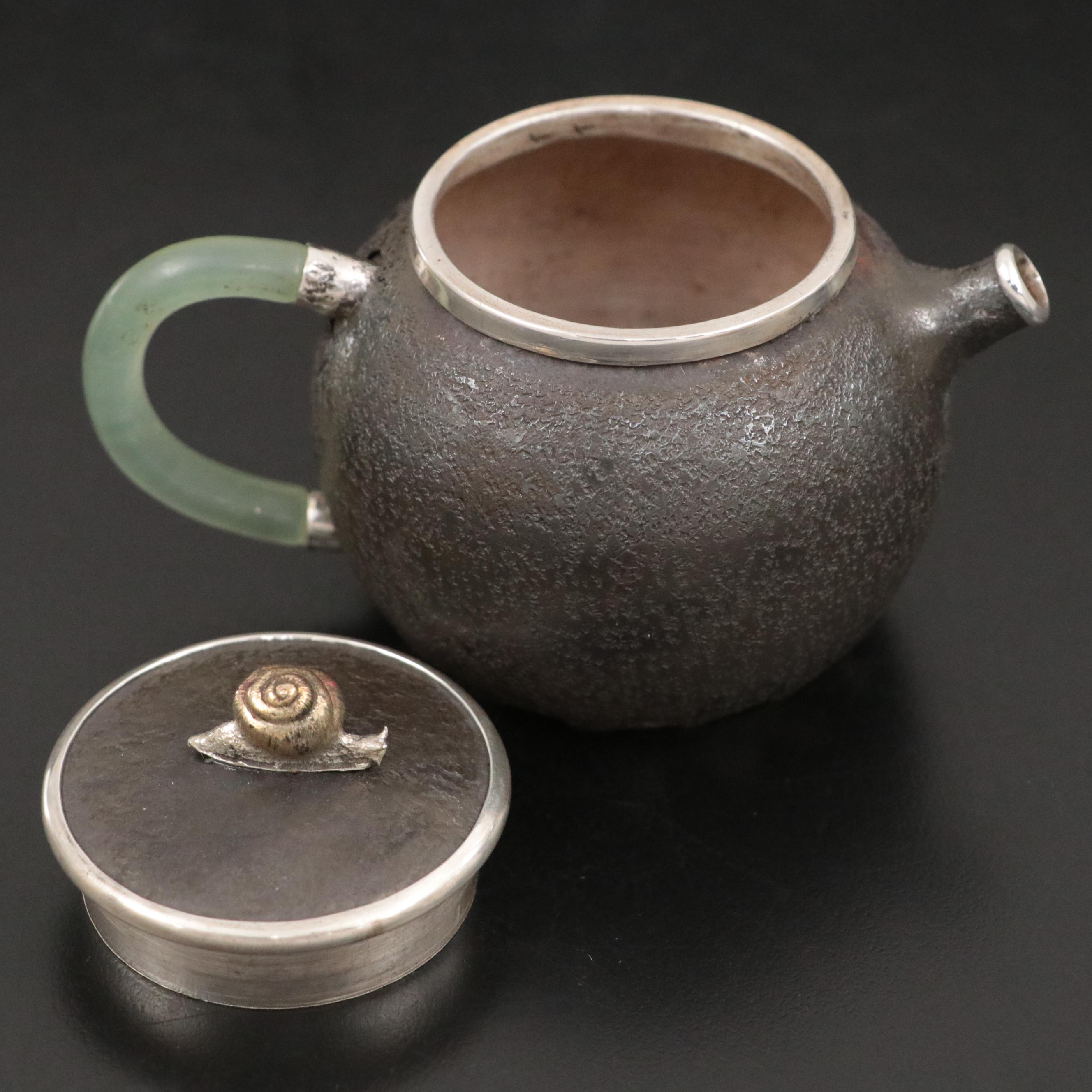 Japanese Sterling Silver and Mixed Metal Teapot with Serpentine Handle