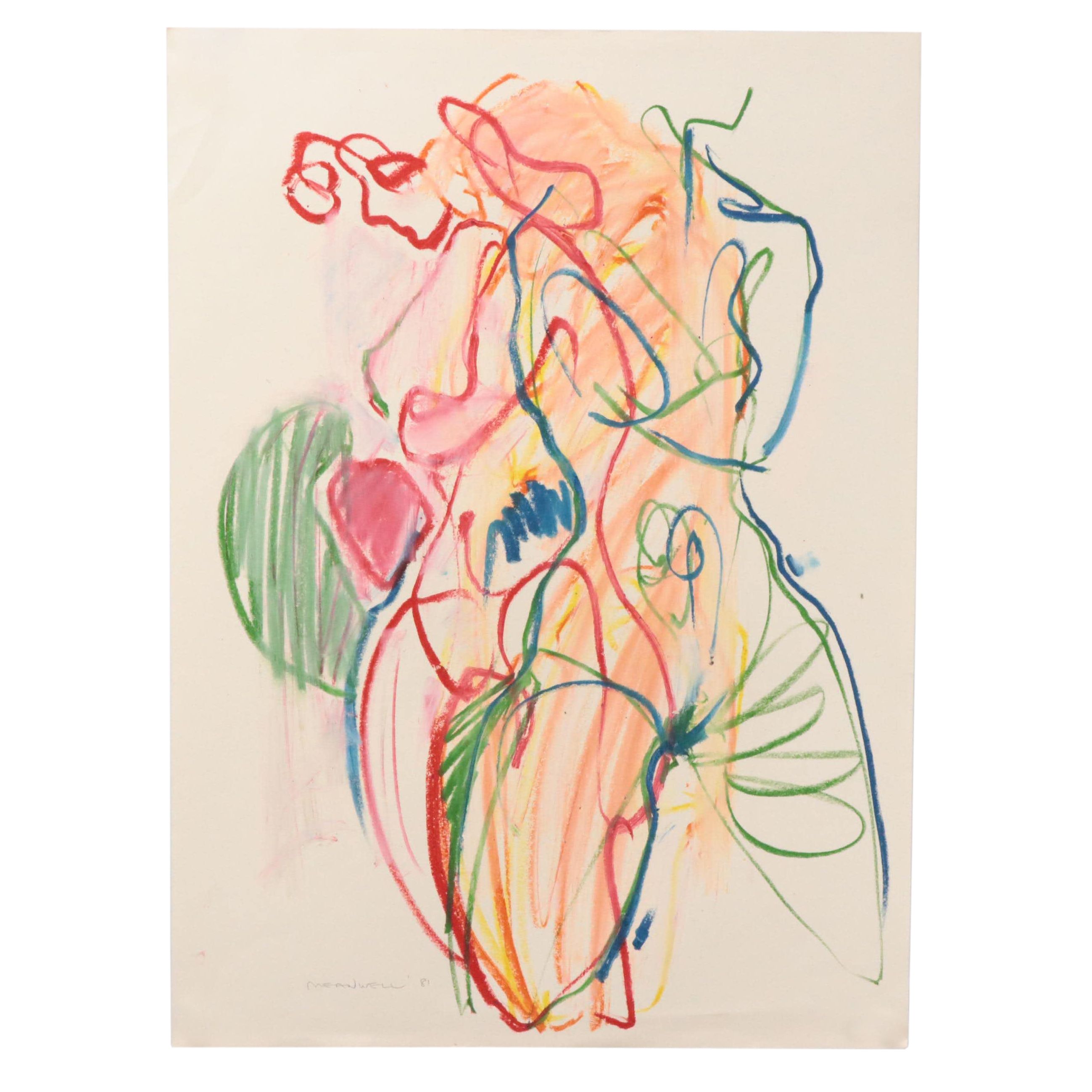 Jack Meanwell Modern Figural Oil Pastel Drawing, 1981