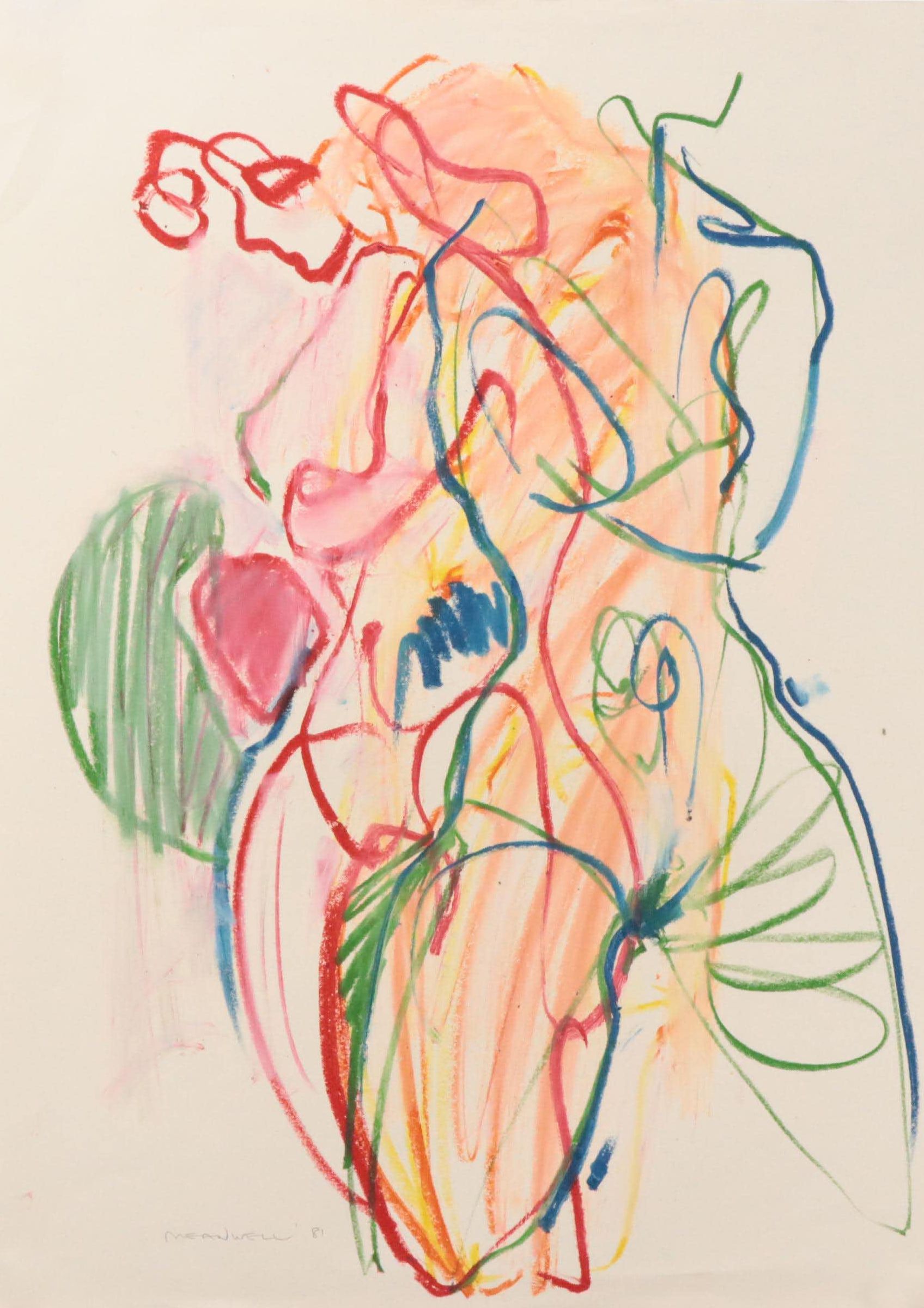 Jack Meanwell Modern Figural Oil Pastel Drawing, 1981