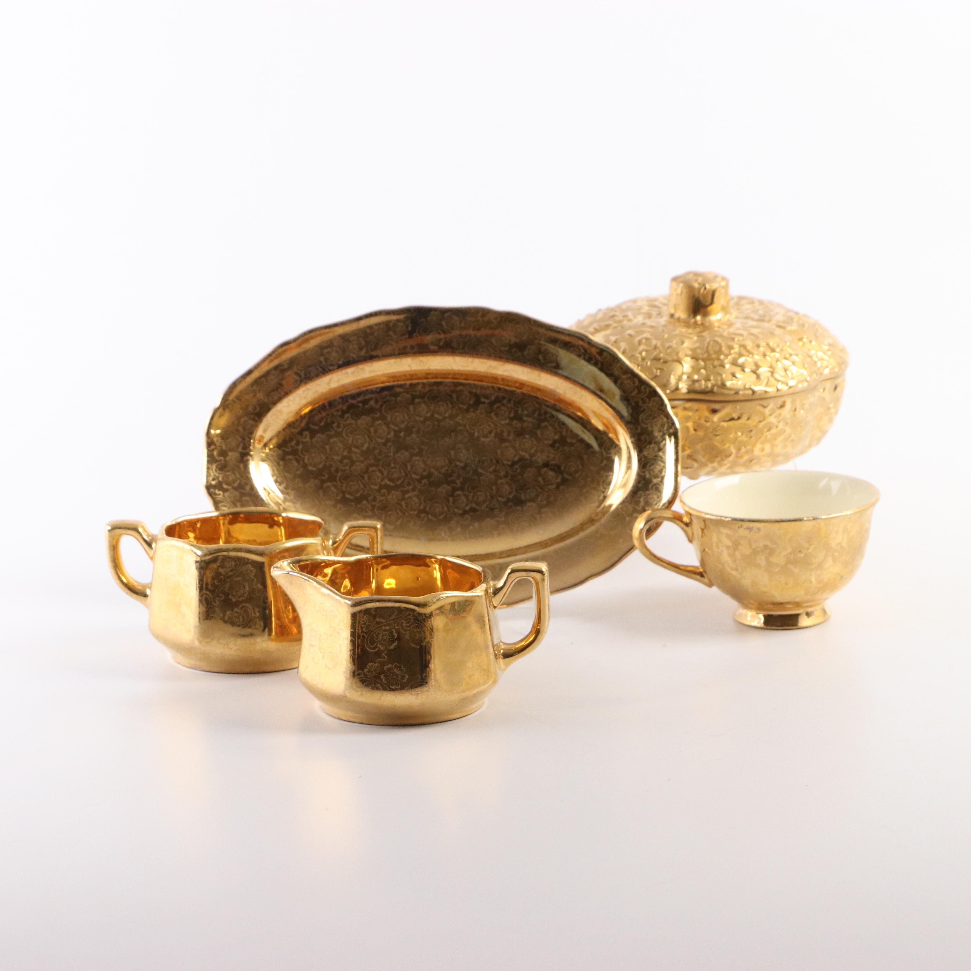 Weeping Bright Gold 22K Embellished Lidded Candy Dish and Other Cream and Sugar