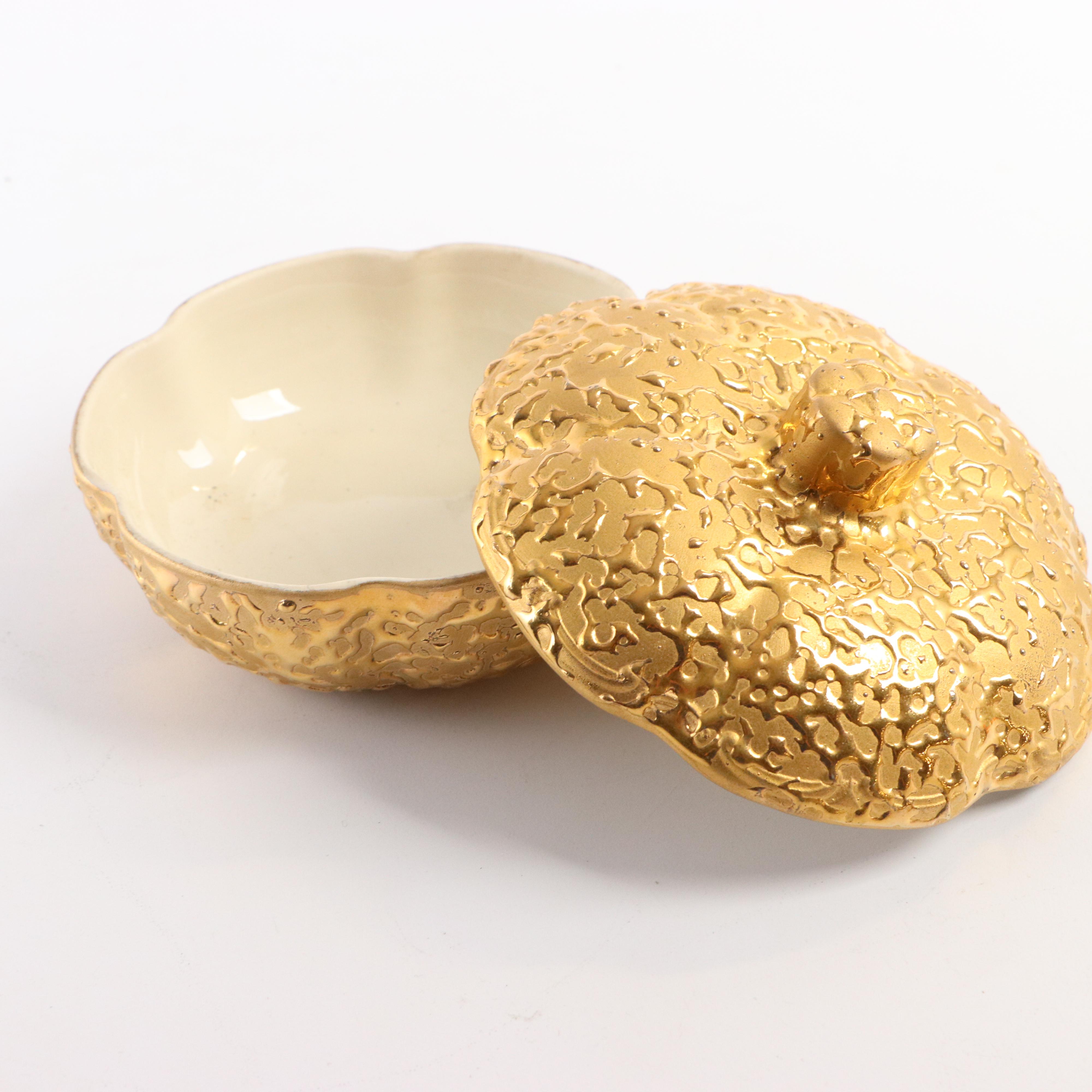 Weeping Bright Gold 22K Embellished Lidded Candy Dish and Other Cream and Sugar