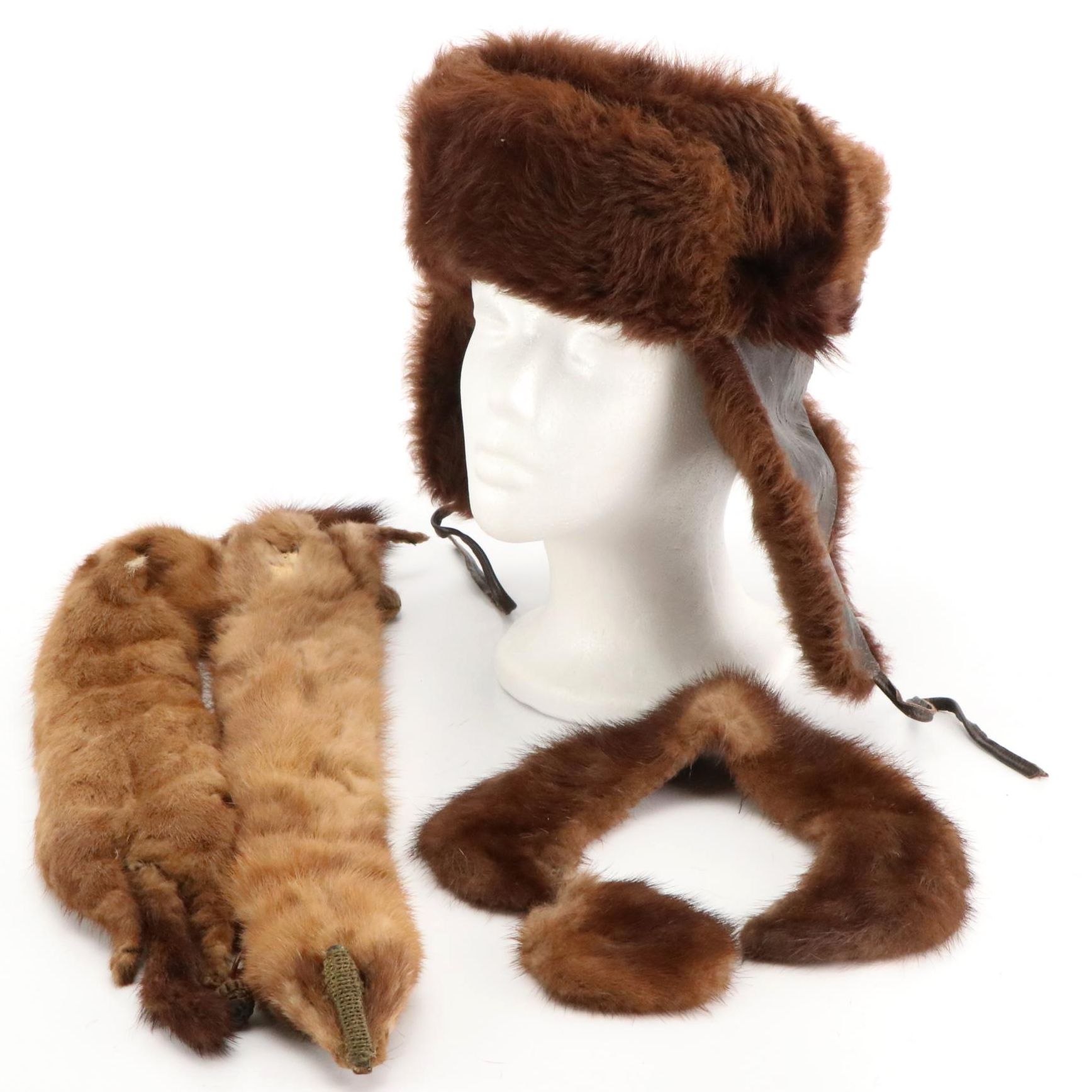 Mink Fur Full Pelt Stole, Mink Fur Collar, and Faux Fur Ushanka Style Hat