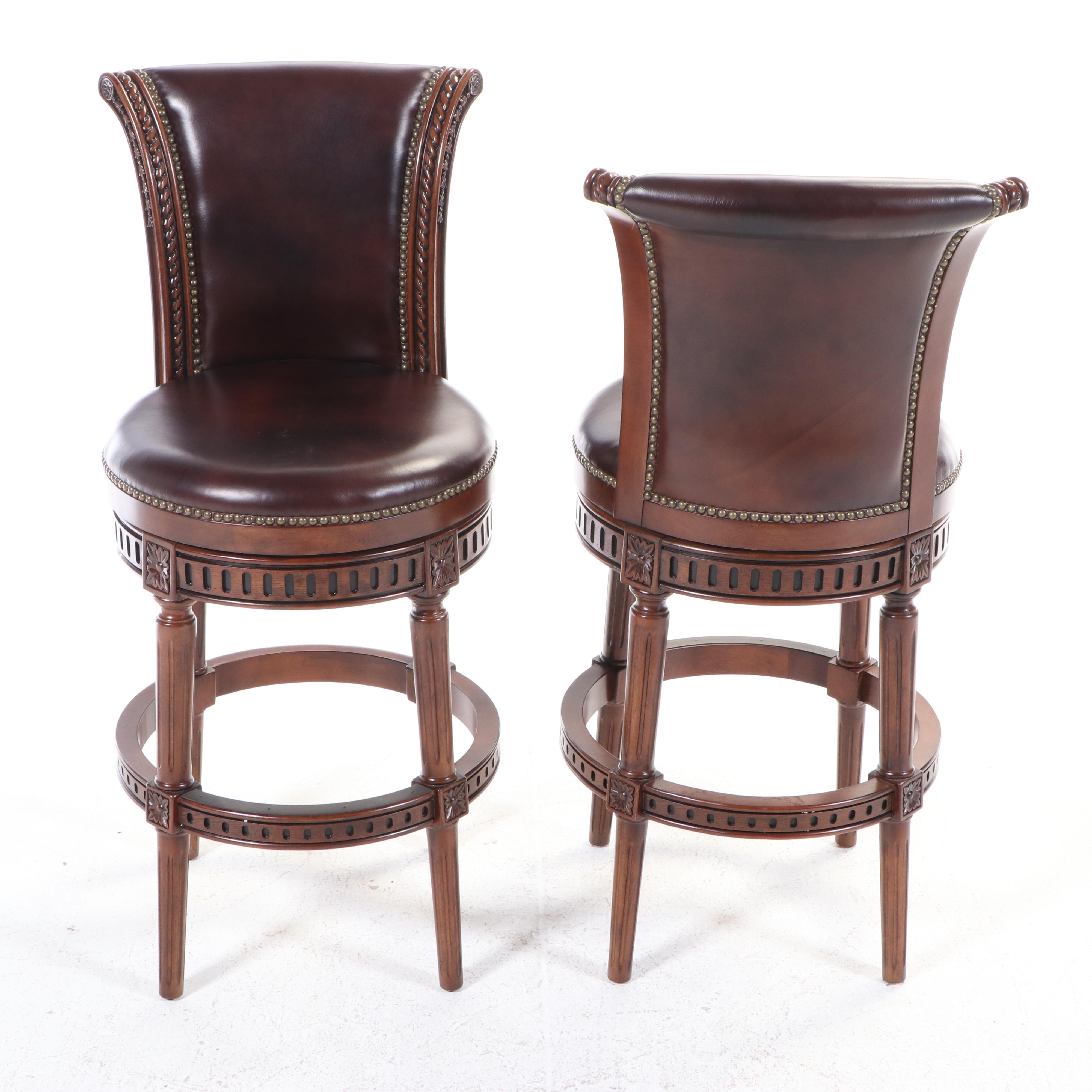 Pair of Frontgate Hardwood and Faux Leather Stools