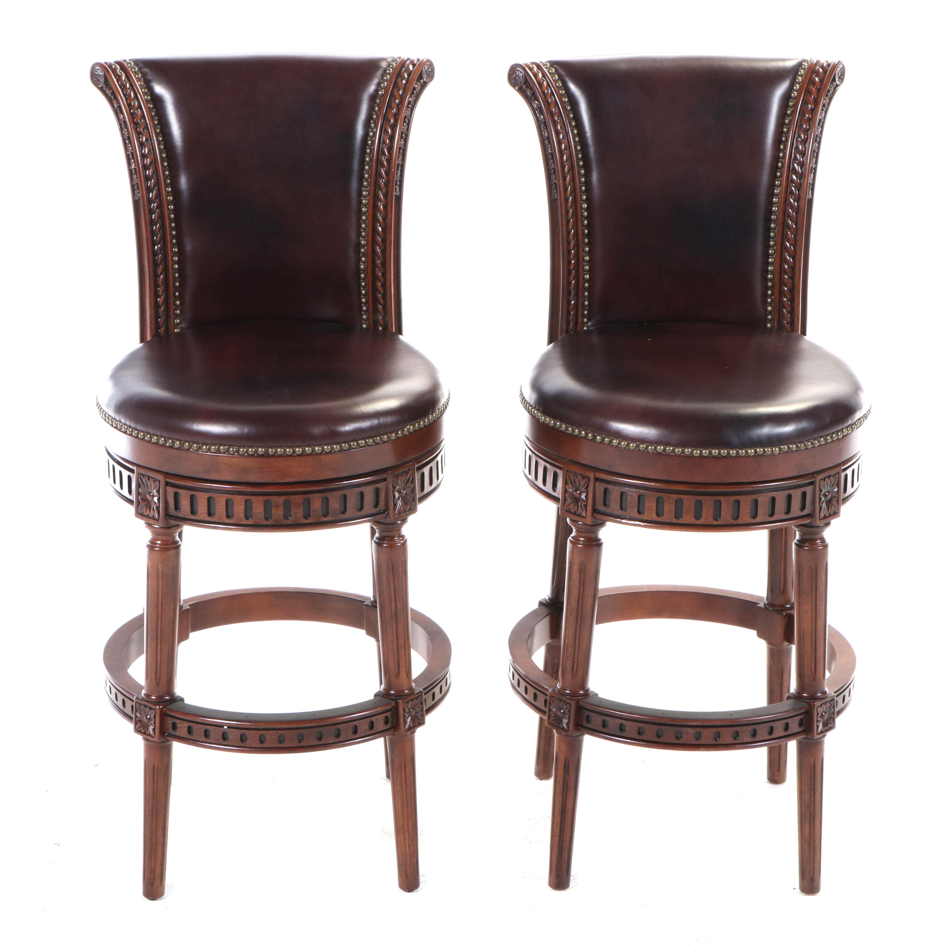Pair of Frontgate Hardwood and Faux Leather Stools