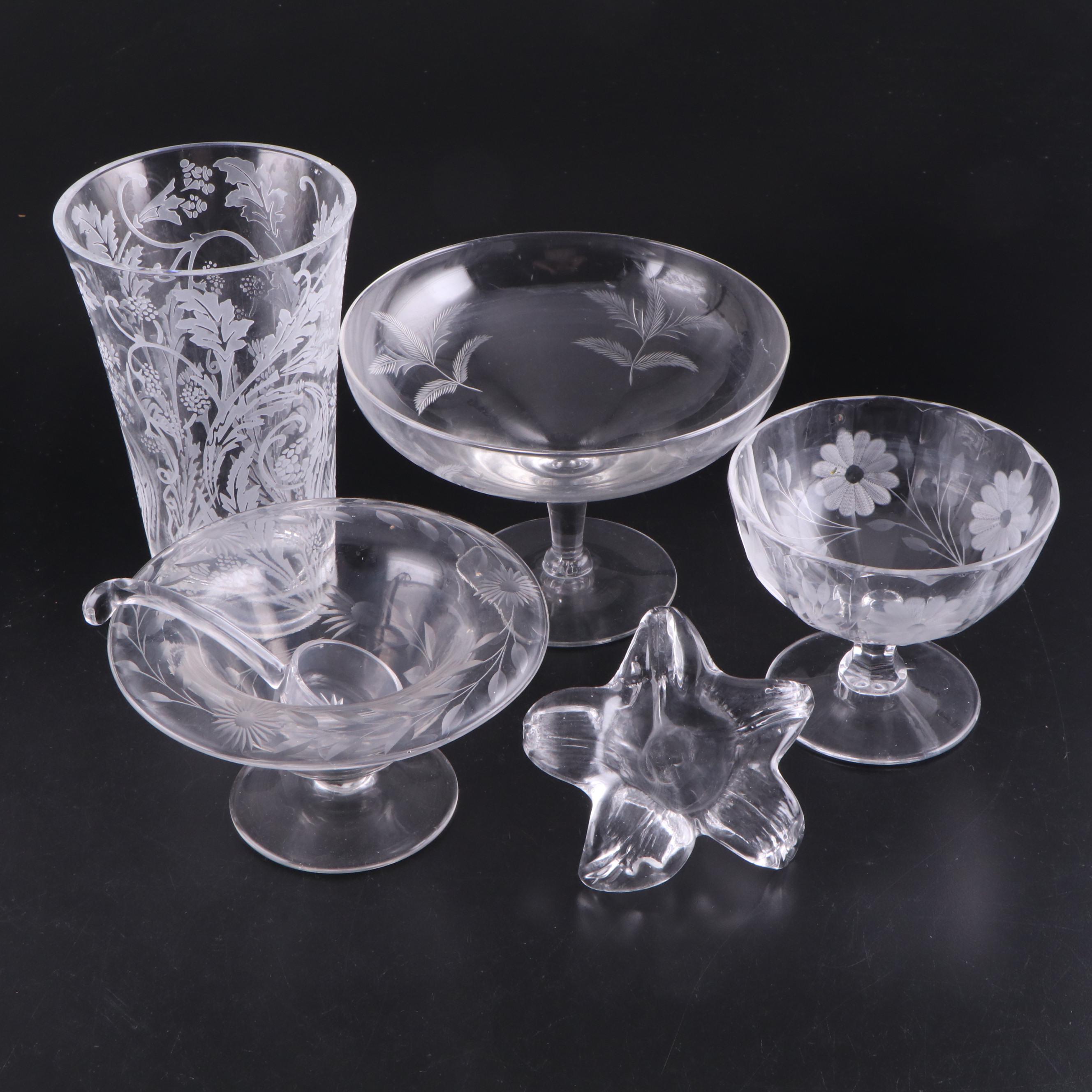 Christofle Crystal Vase with Other Etched Glass Bowls and Flower