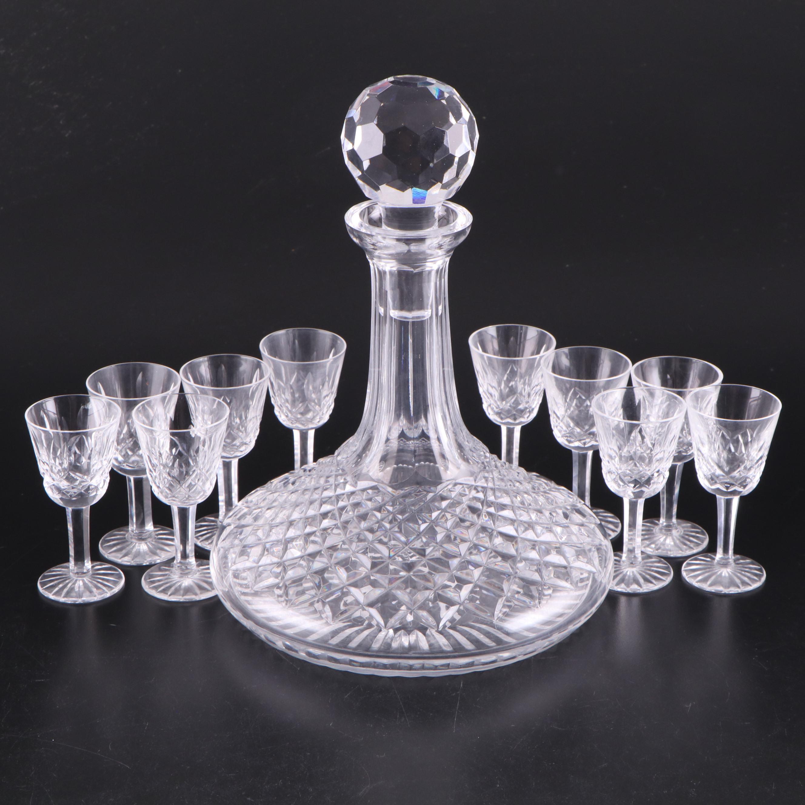 Waterford "Alana" Crystal Decanter and "Lismore" Crystal Cordial Glasses