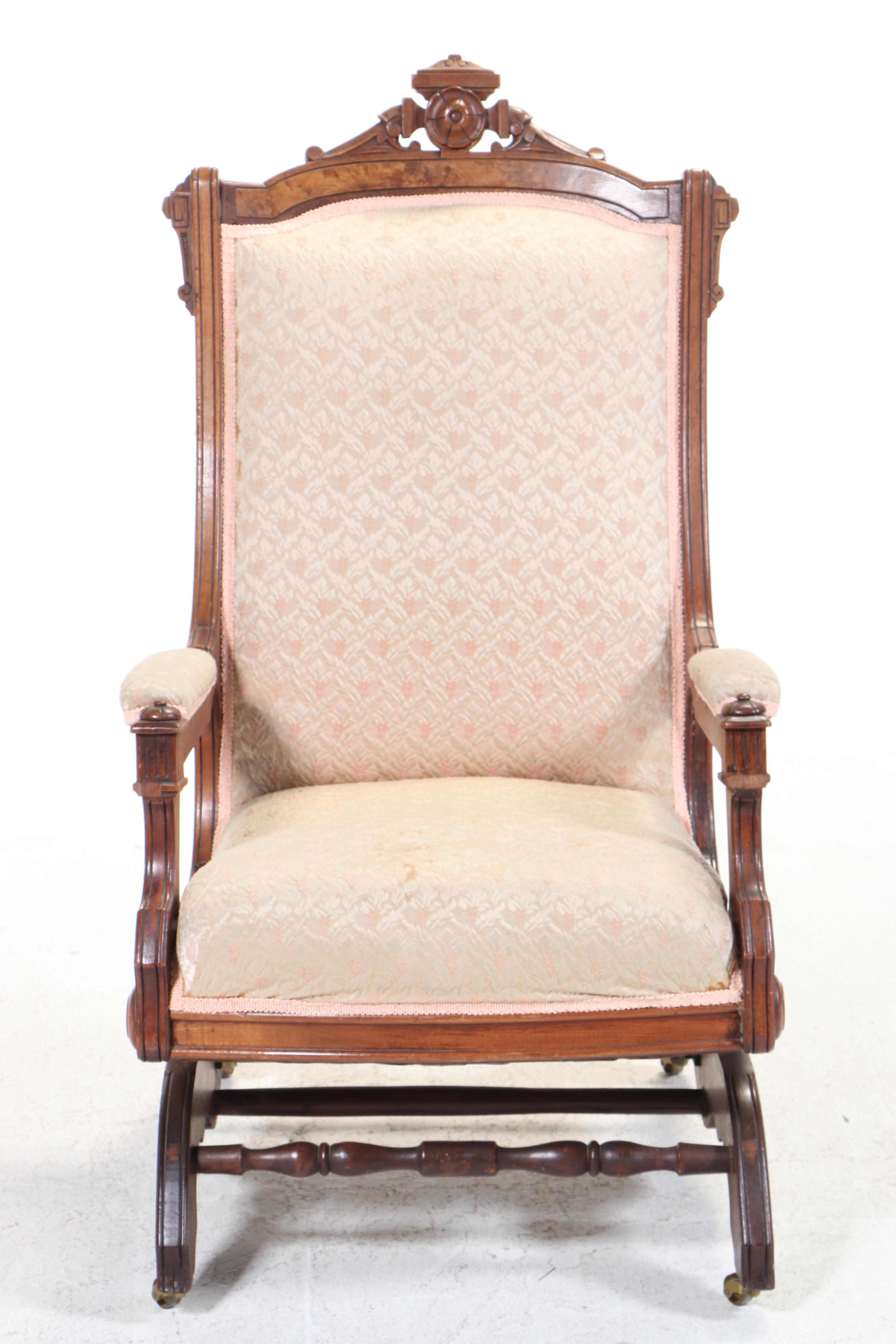 Victorian Walnut and Burl Walnut Platform Rocker, Late 19th Century