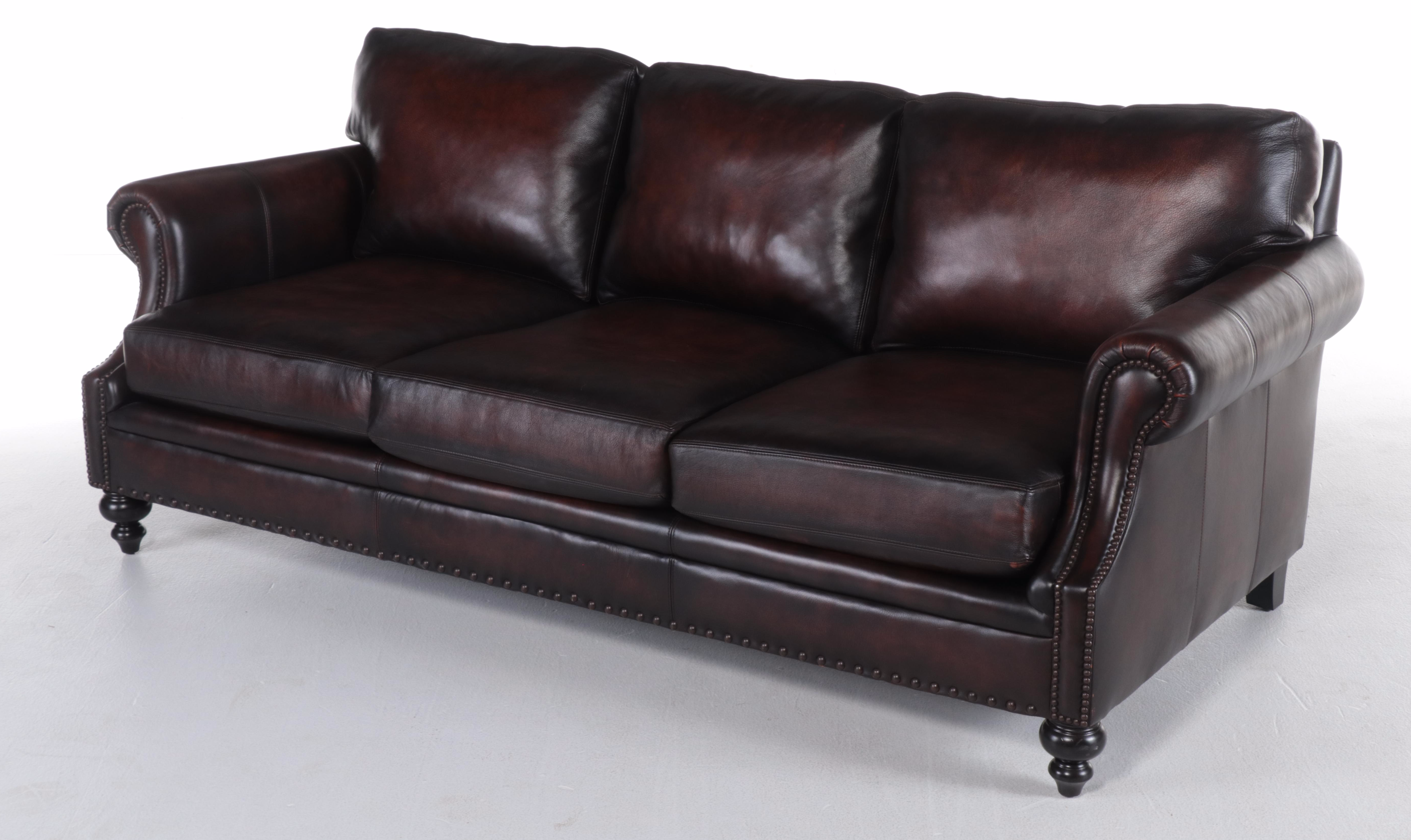 Martha Stewart for Bernhardt Leather Roll-Arm Sofa with Nailheads