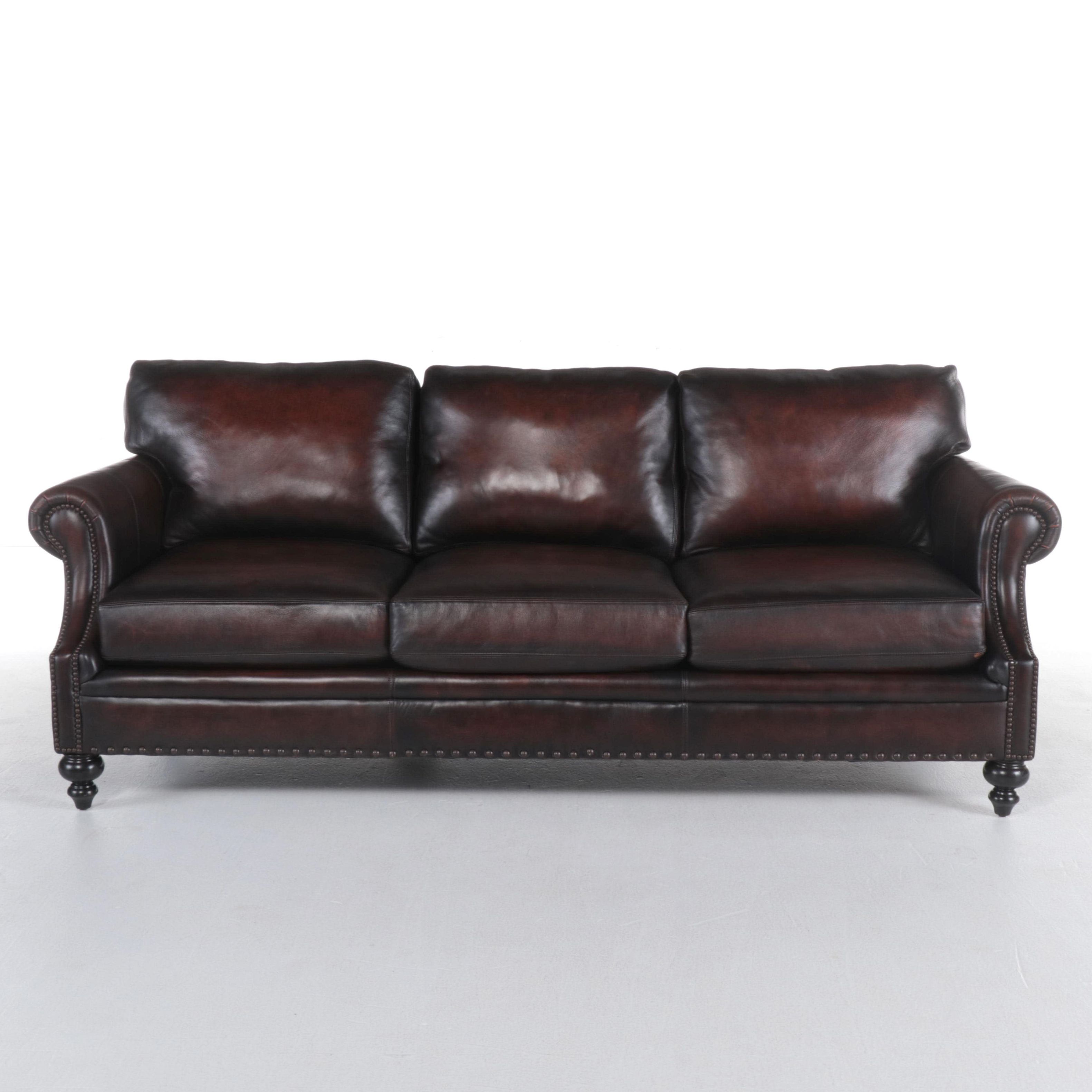 Martha Stewart for Bernhardt Leather Roll-Arm Sofa with Nailheads
