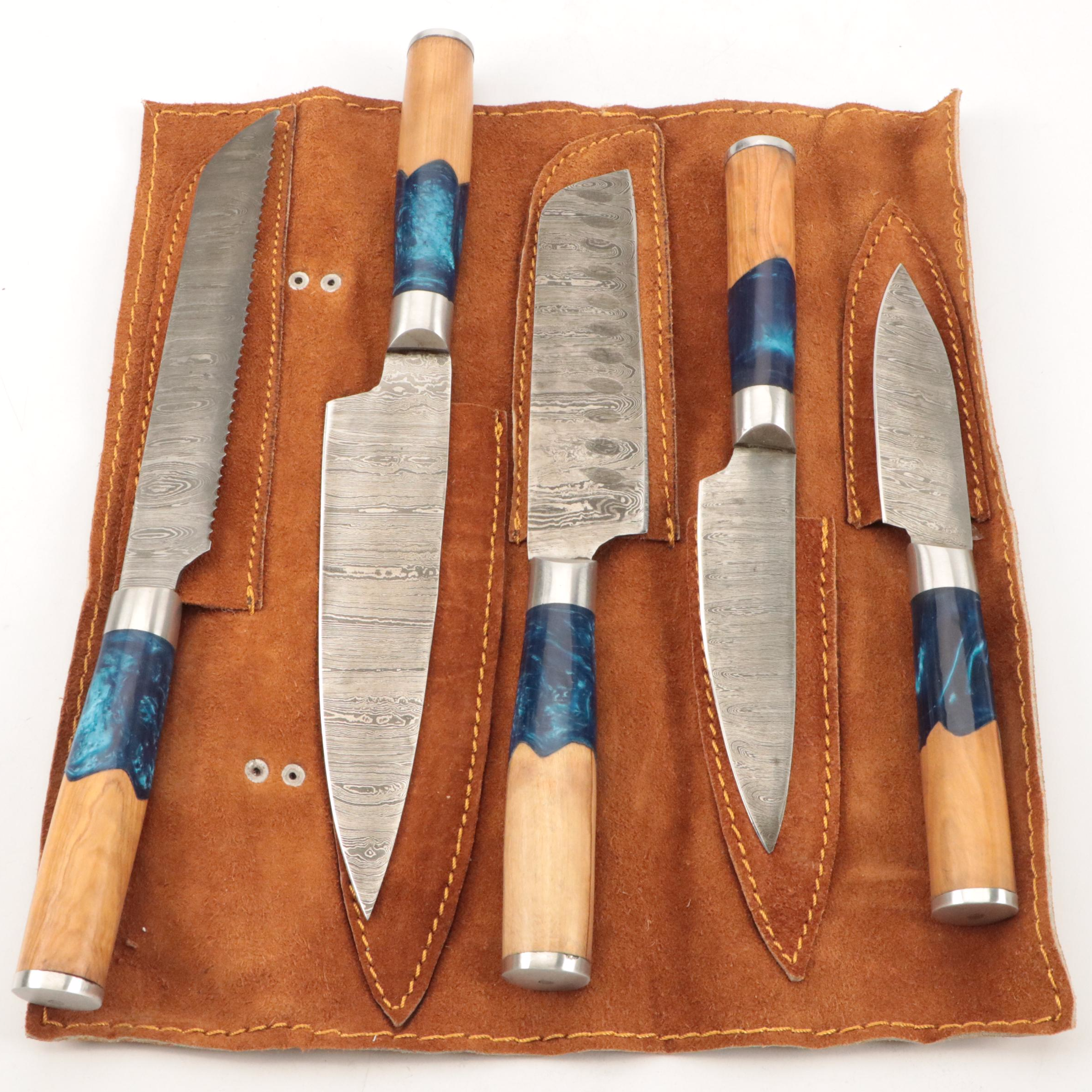 Damascus Steel Wooden Handled Knife Set with Leather Knife Roll