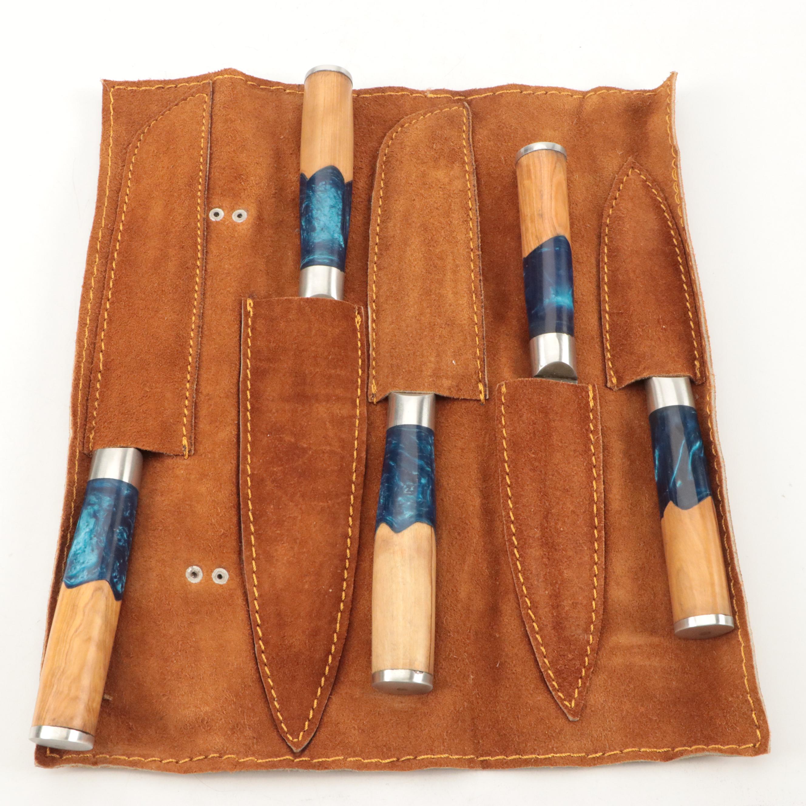 Damascus Steel Wooden Handled Knife Set with Leather Knife Roll