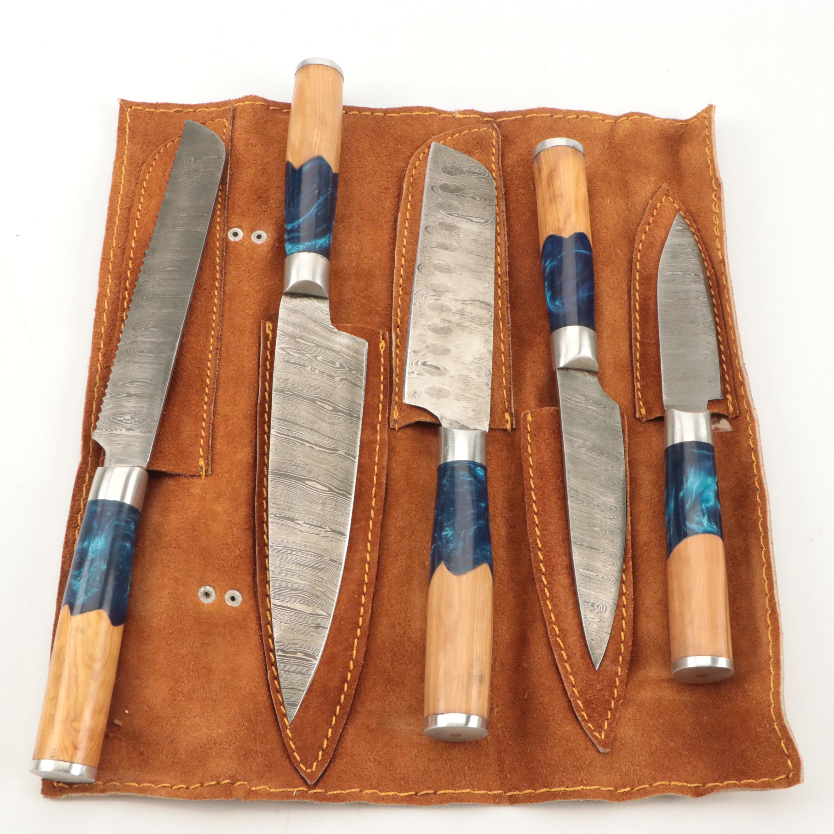 Damascus Steel Wooden Handled Knife Set with Leather Knife Roll