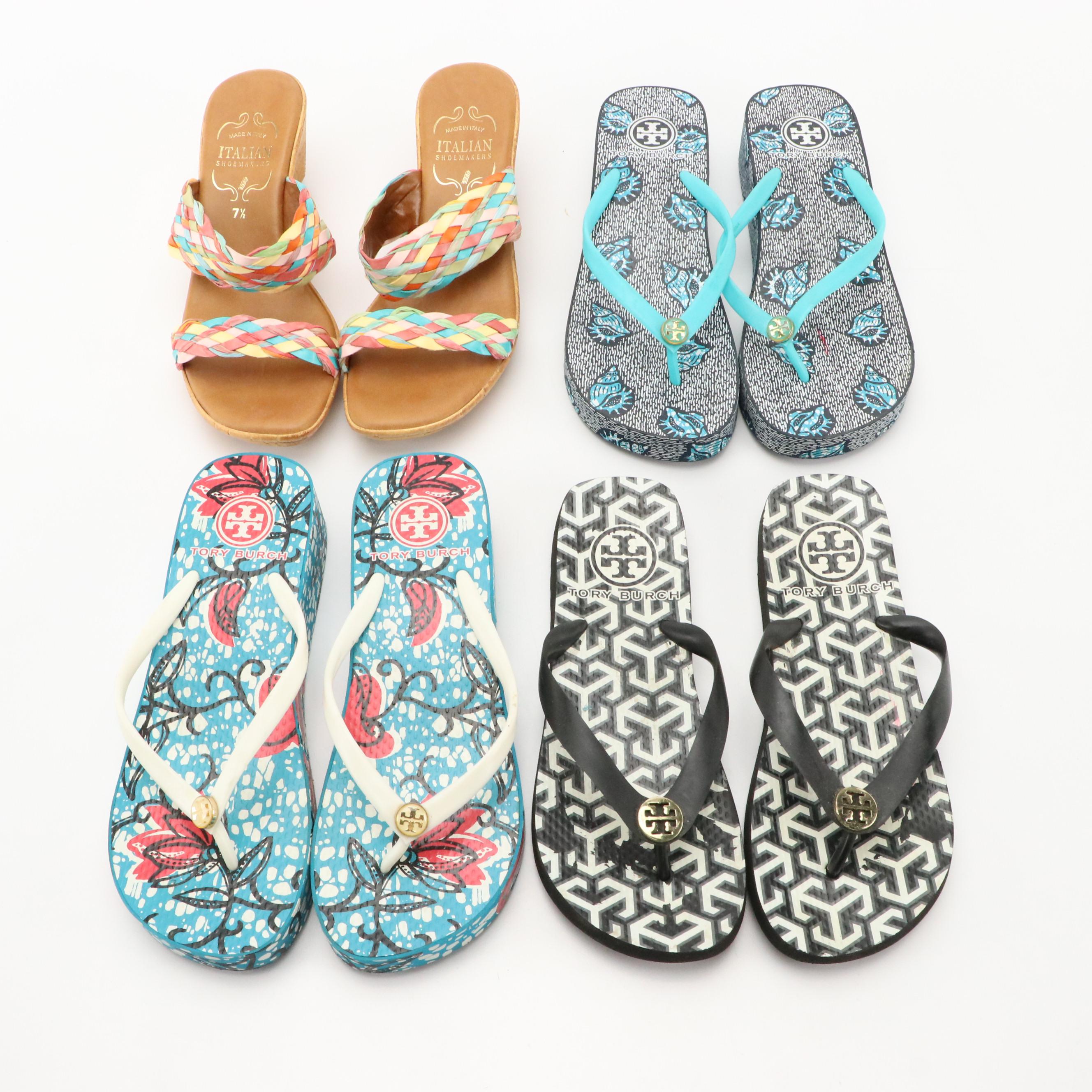 Tory Burch Patterned Flip-Flops and Platform Sandals, Italian Shoemakers Wedges