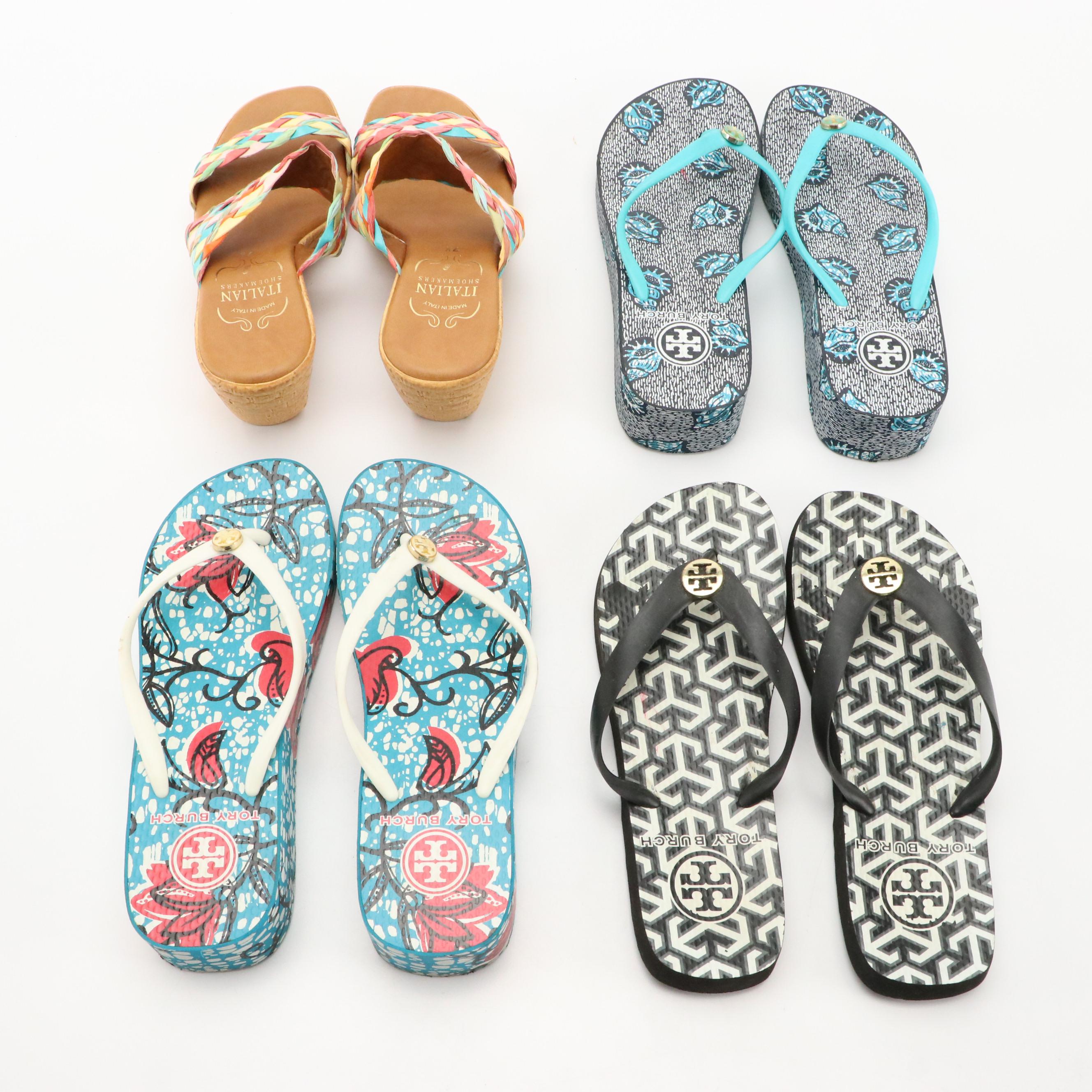 Tory Burch Patterned Flip-Flops and Platform Sandals, Italian Shoemakers Wedges