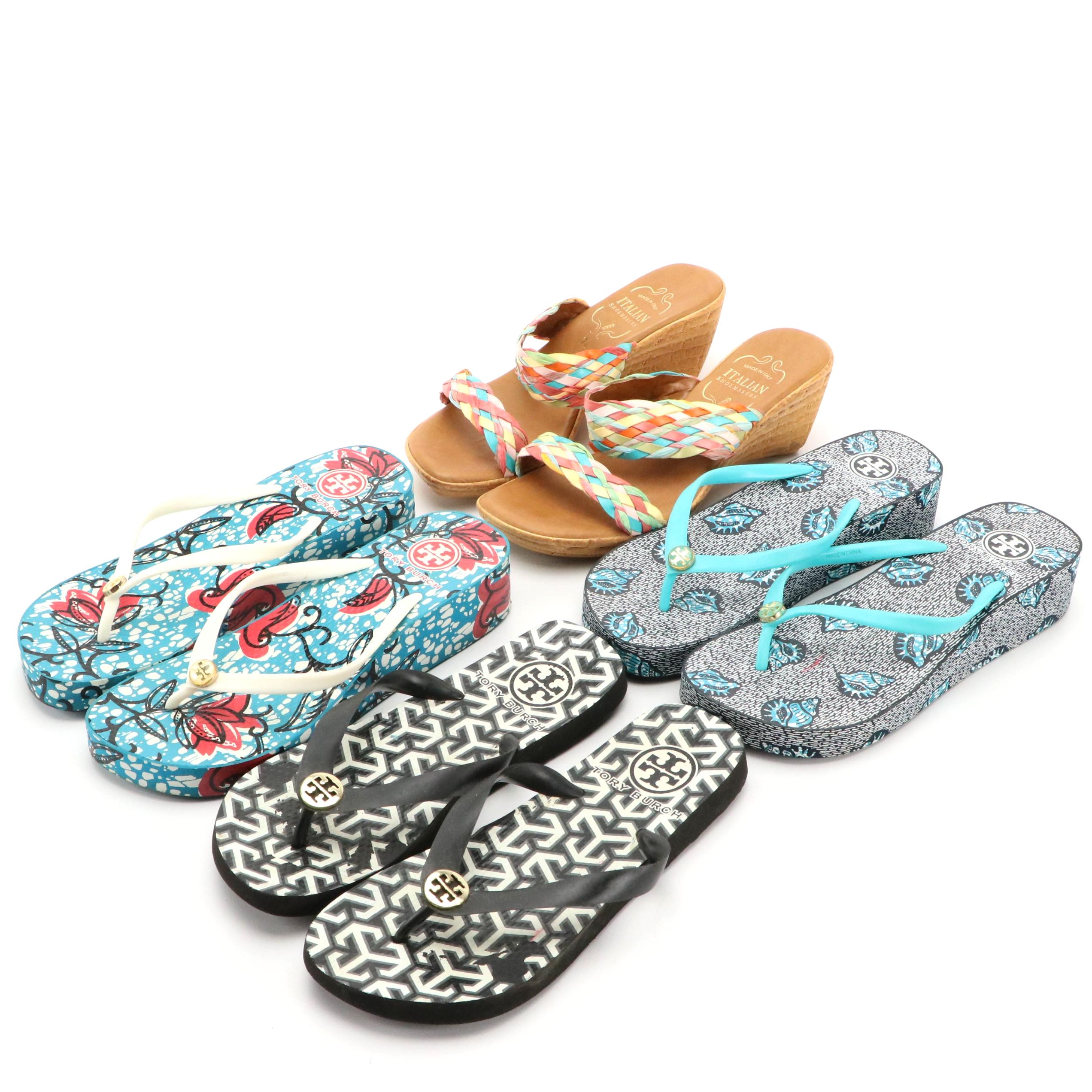 Tory Burch Patterned Flip-Flops and Platform Sandals, Italian Shoemakers Wedges