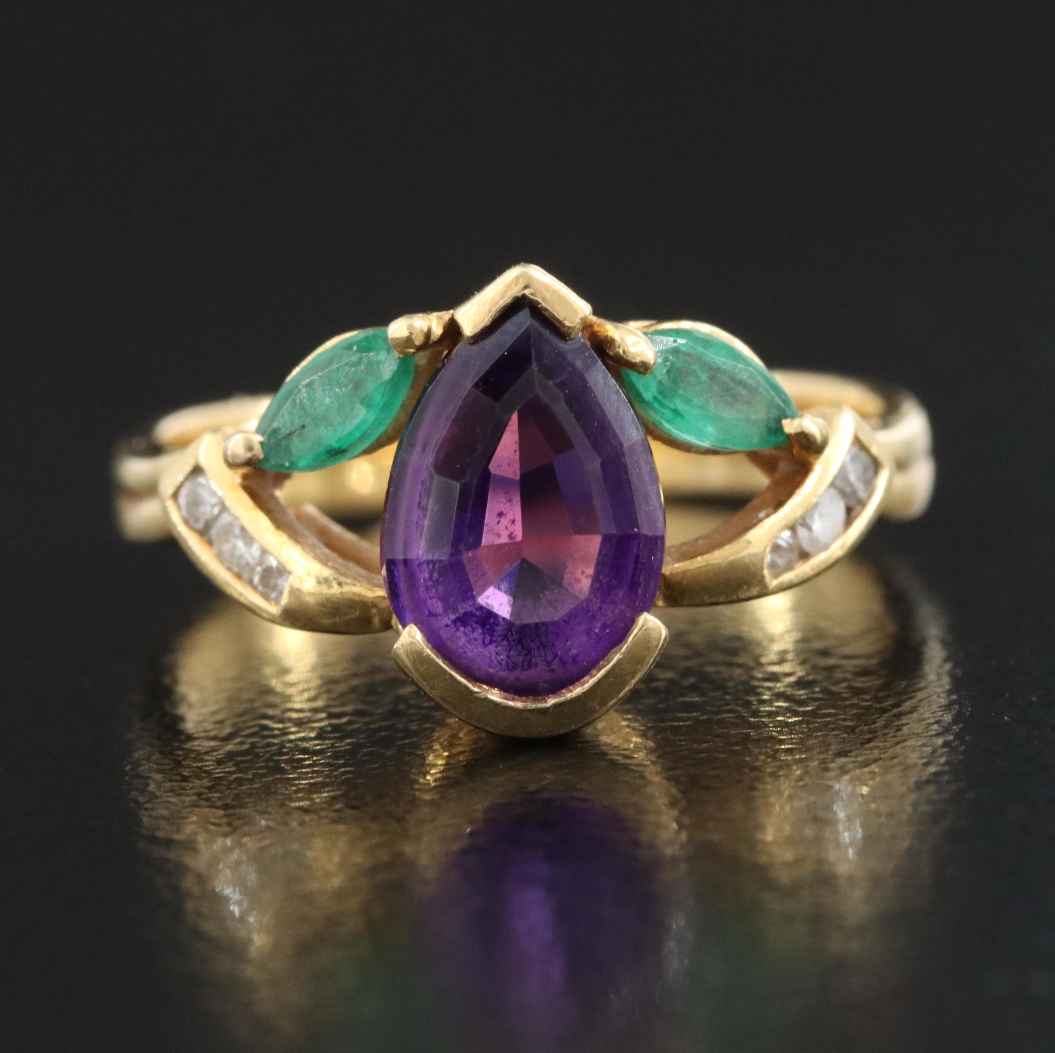 18K Amethyst, Emerald and Diamond Ring