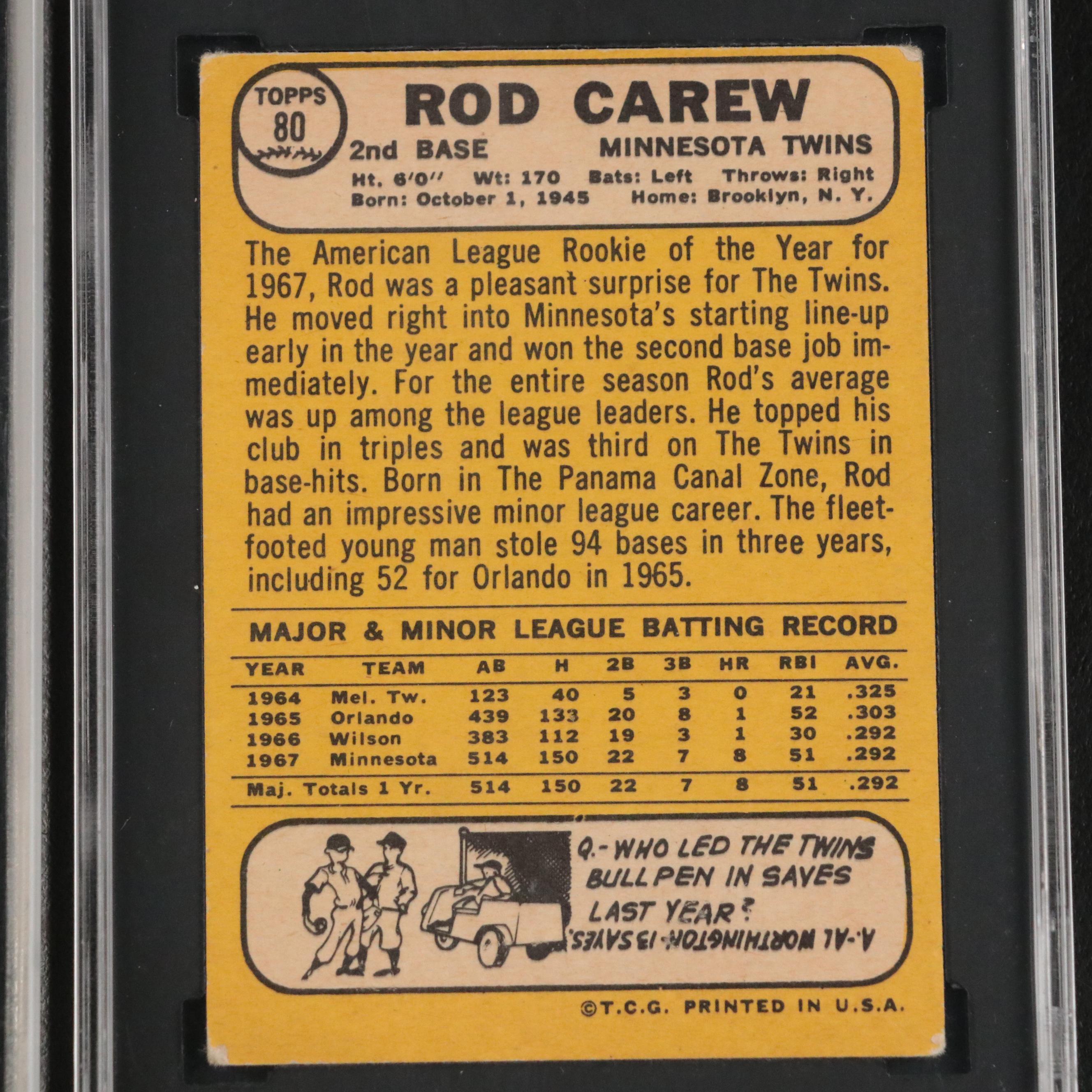 1967 Topps Rod Carew Rookie with 1968 Card Graded SGC 4.5 Very Good-Excellent +