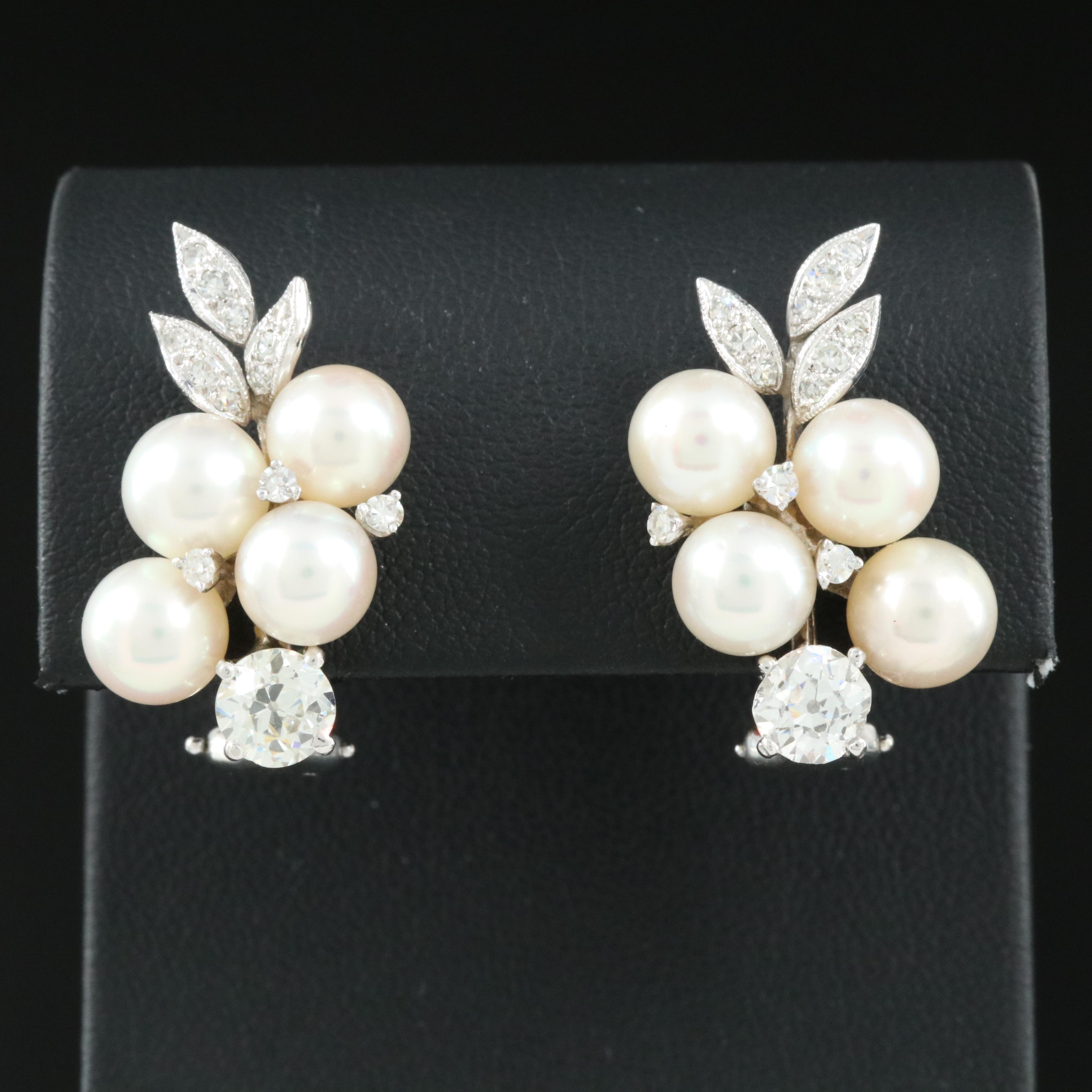 Vintage 14K Pearl and 2.04 CTW Diamond Earrings