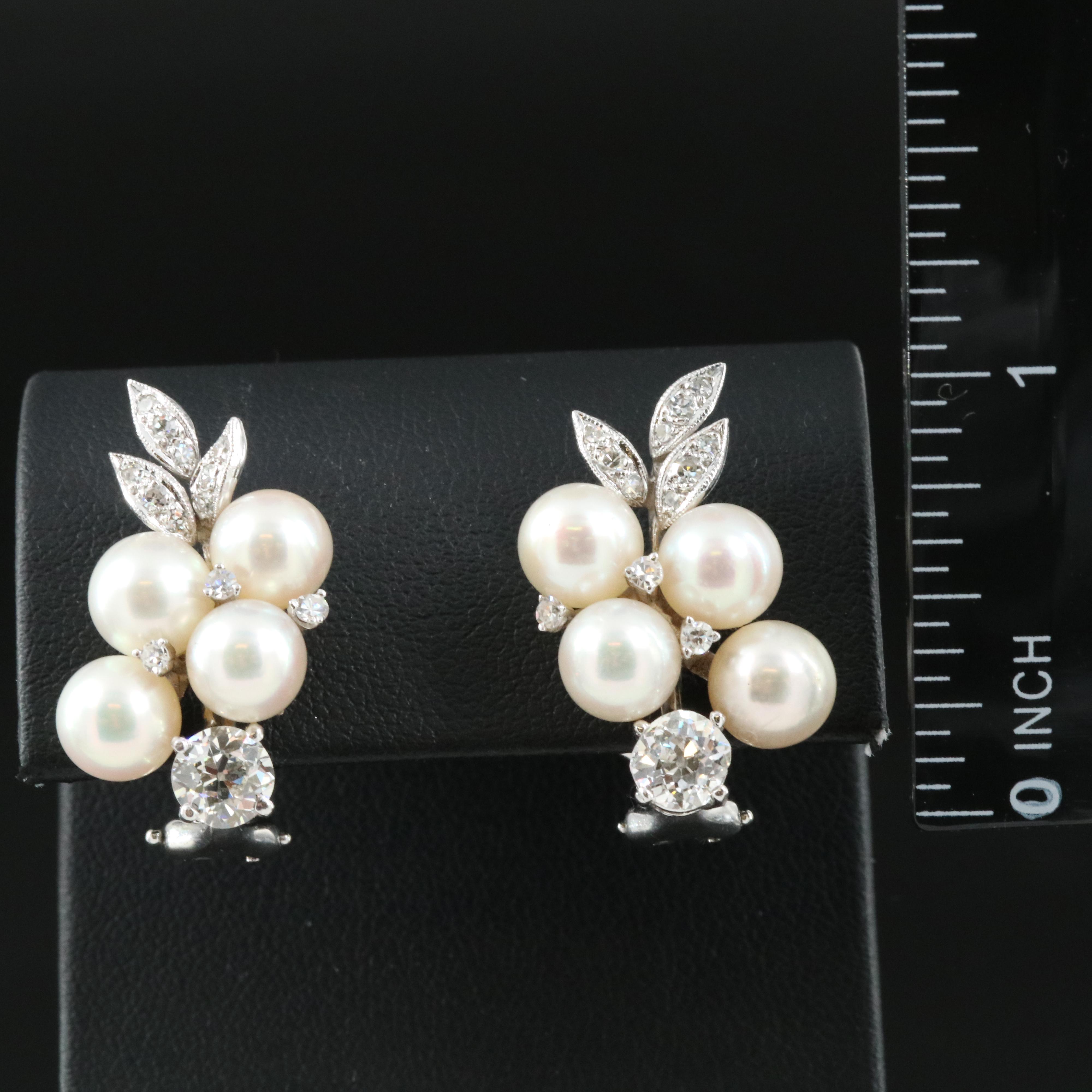 Vintage 14K Pearl and 2.04 CTW Diamond Earrings