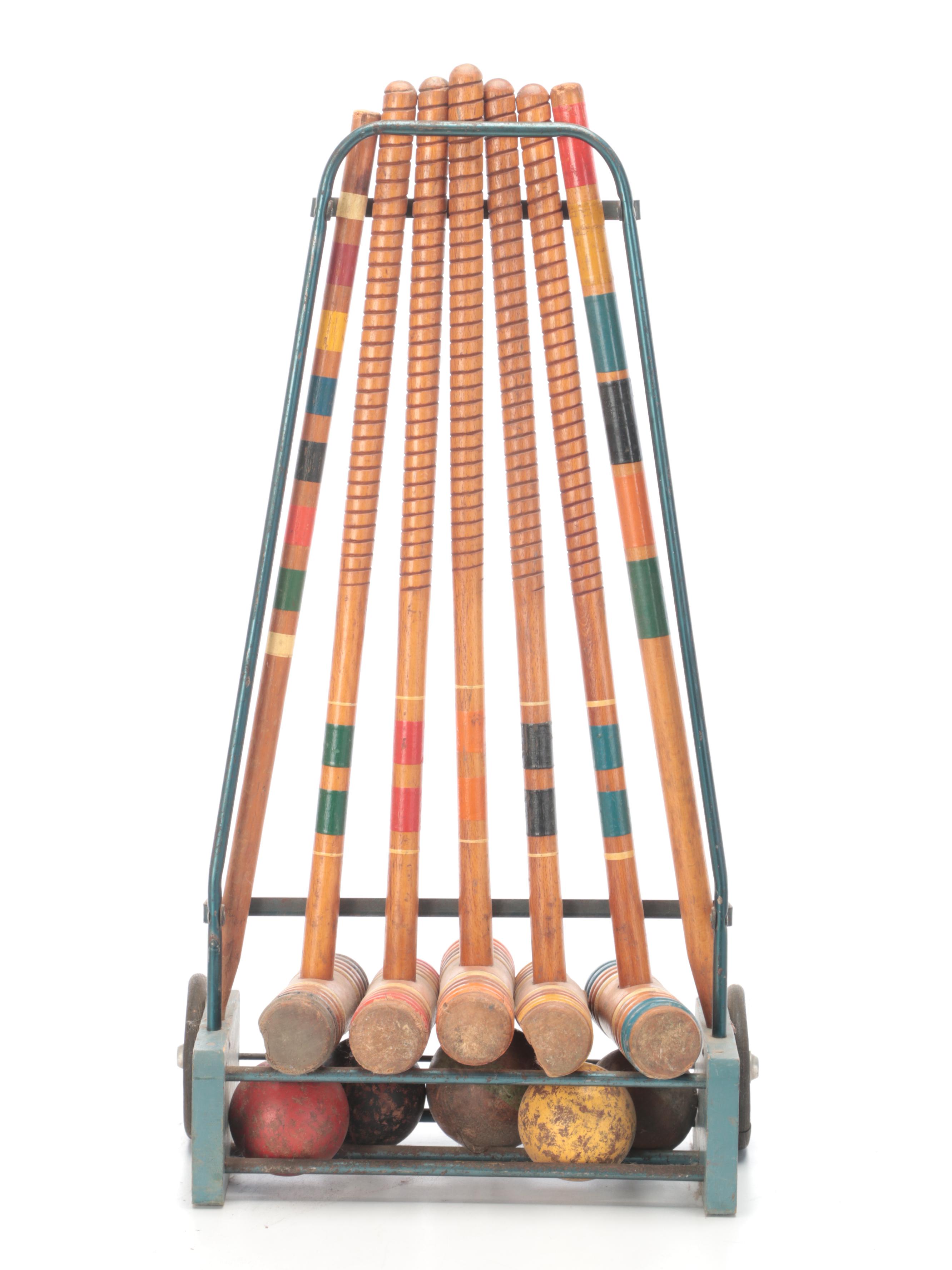 Lawn Croquet Rolling Caddy With Mallets and Balls