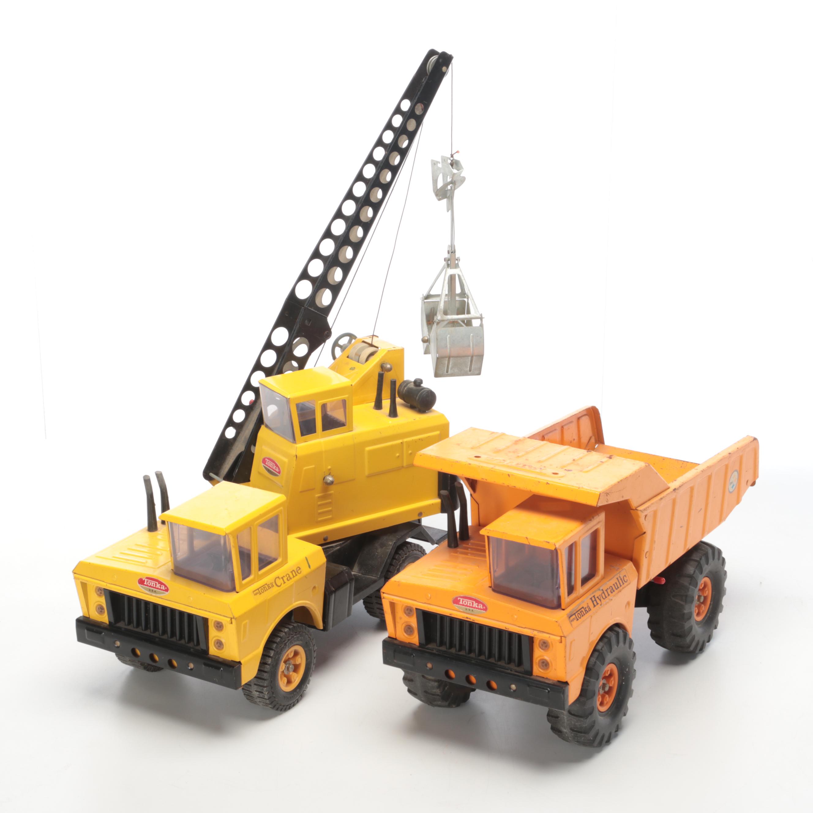 First Generation Tonka Tin Litho Hydraulic Dump Truck and Mobile Crane