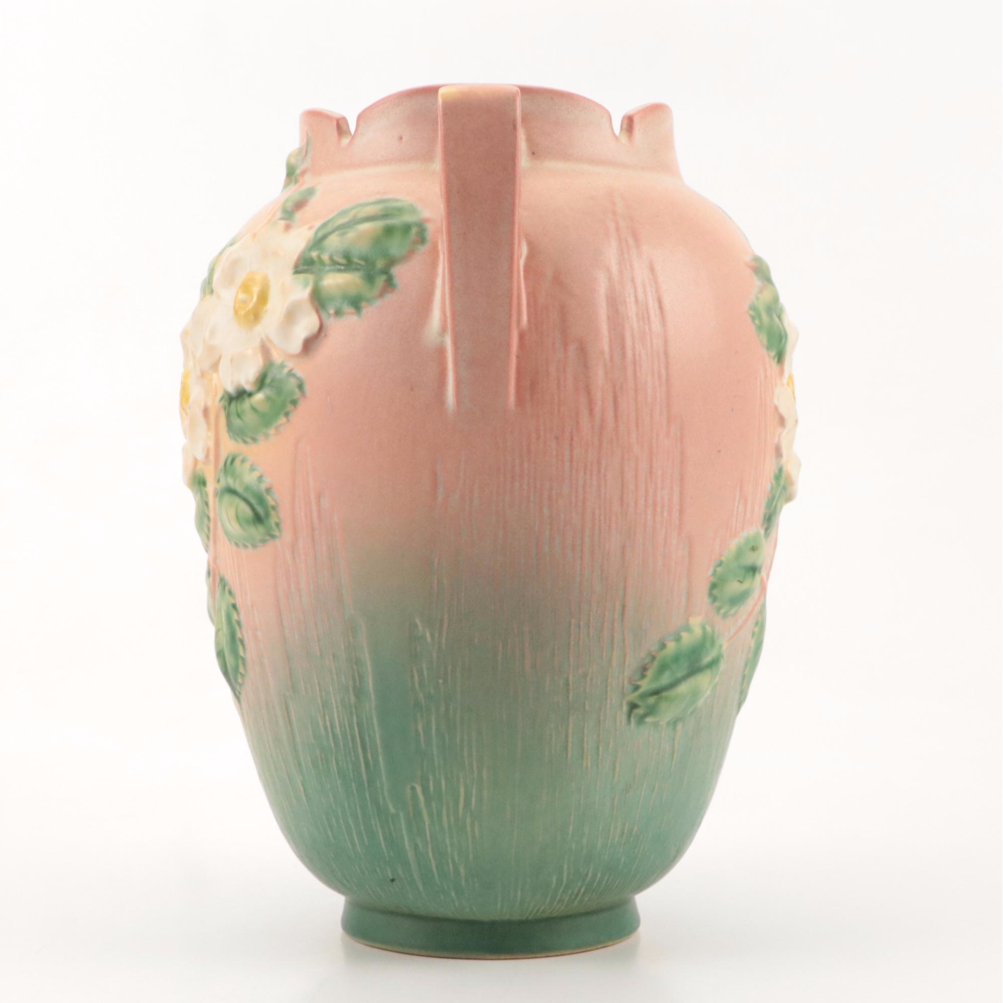 Roseville Art Pottery "White Rose Pink and Green" Ceramic Handled Vase