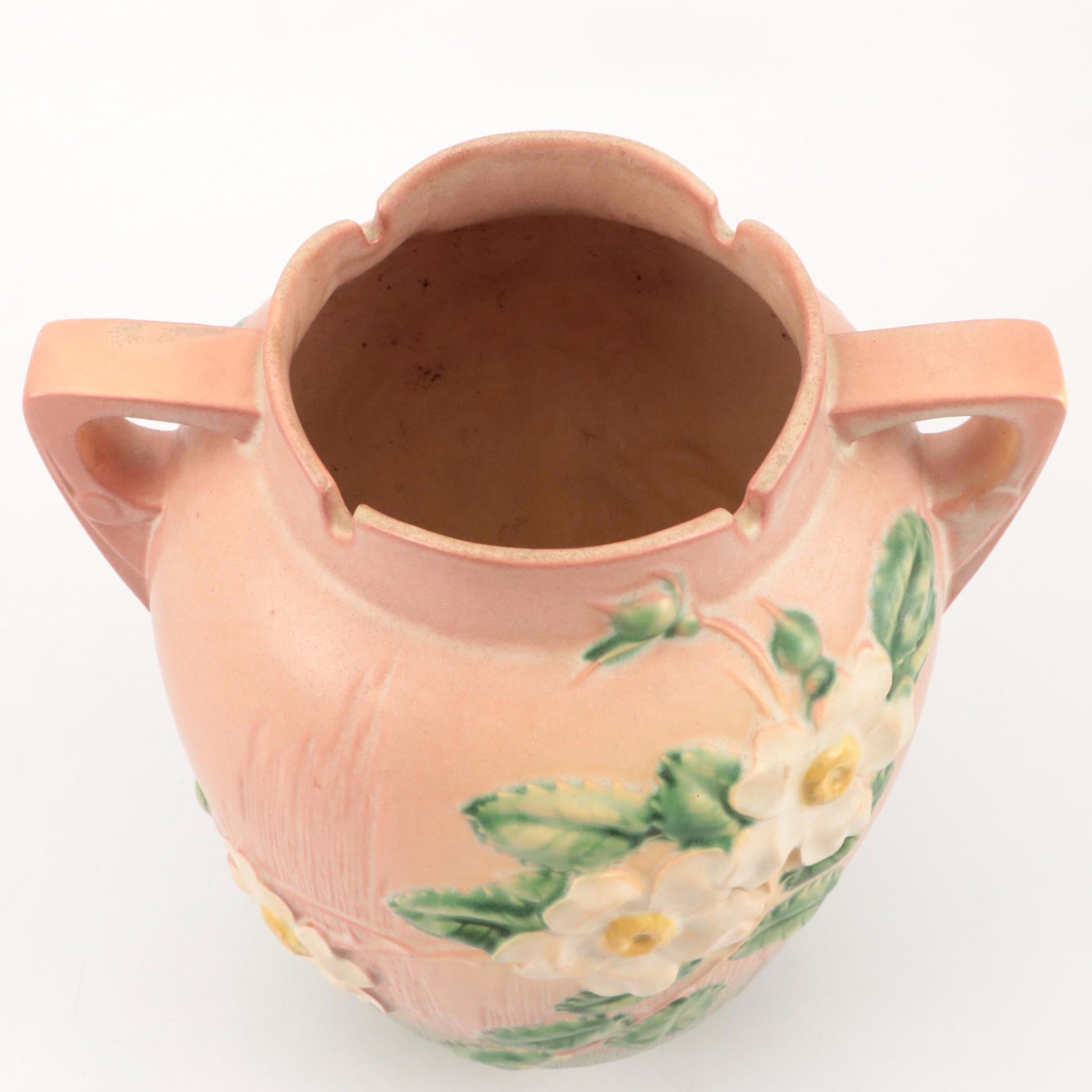Roseville Art Pottery "White Rose Pink and Green" Ceramic Handled Vase