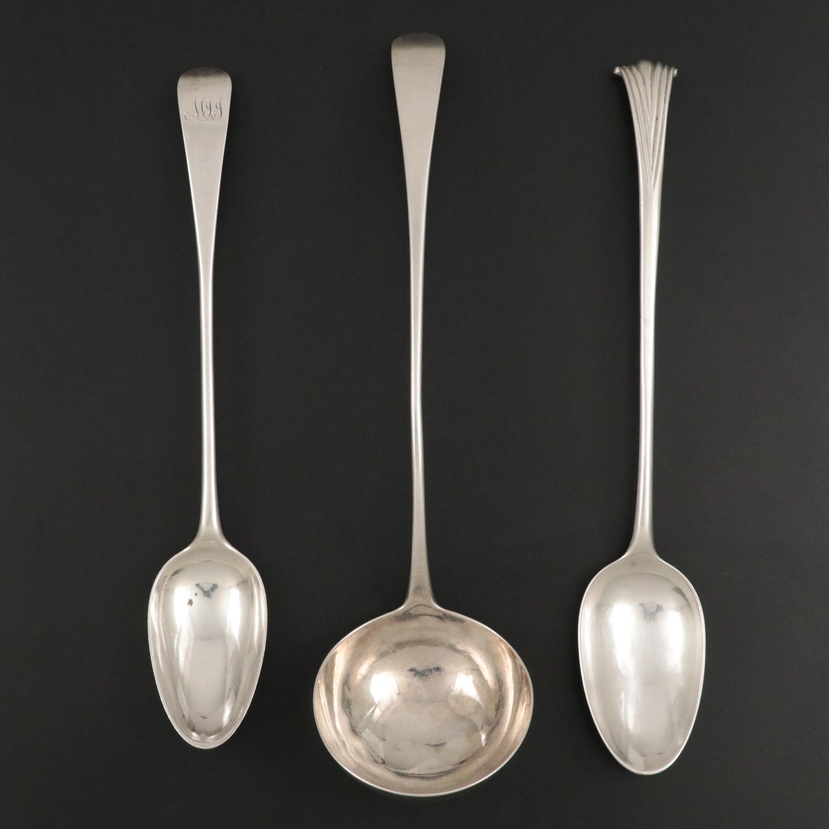 English Sterling Silver Ladle and Serving Spoons, 18th Century