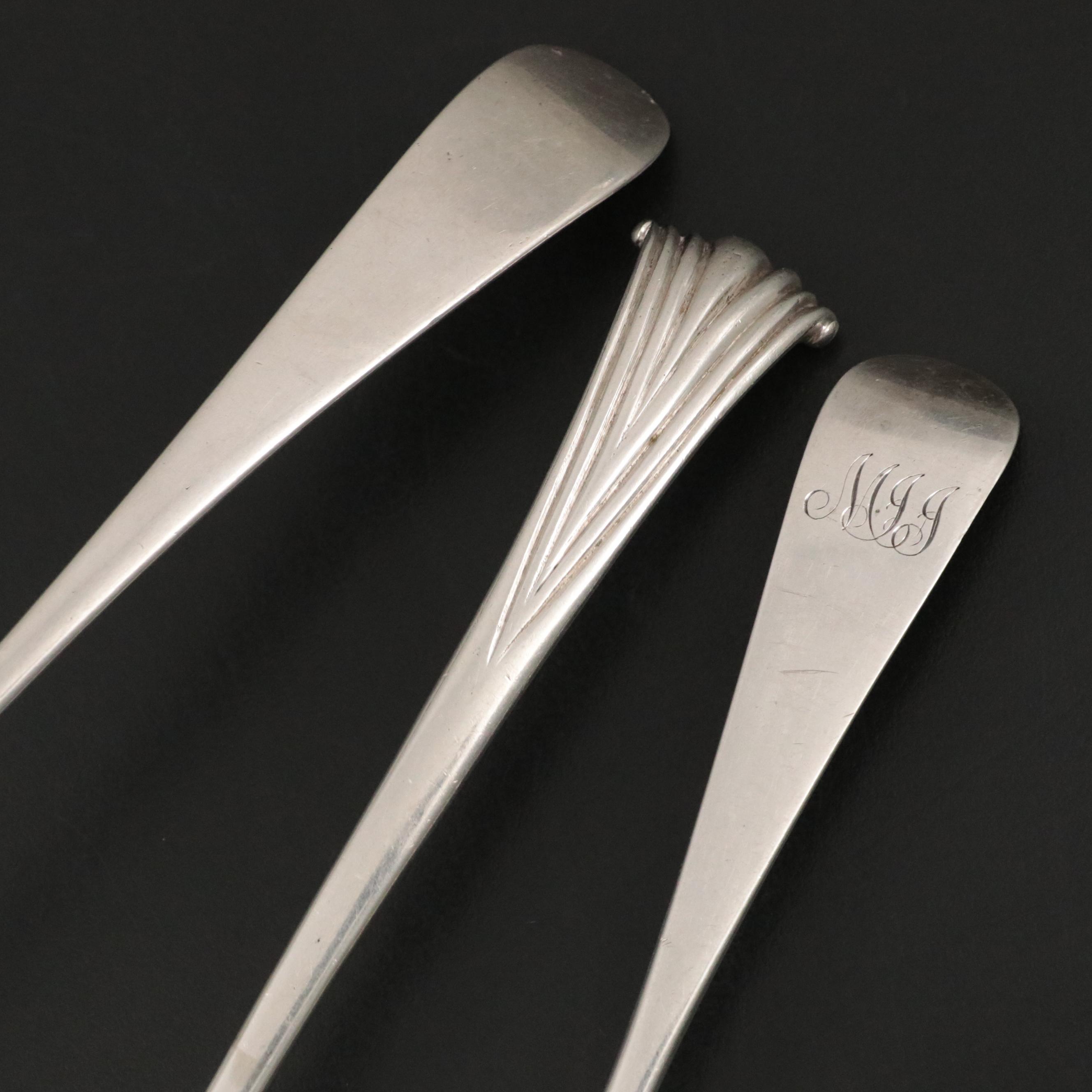 English Sterling Silver Ladle and Serving Spoons, 18th Century