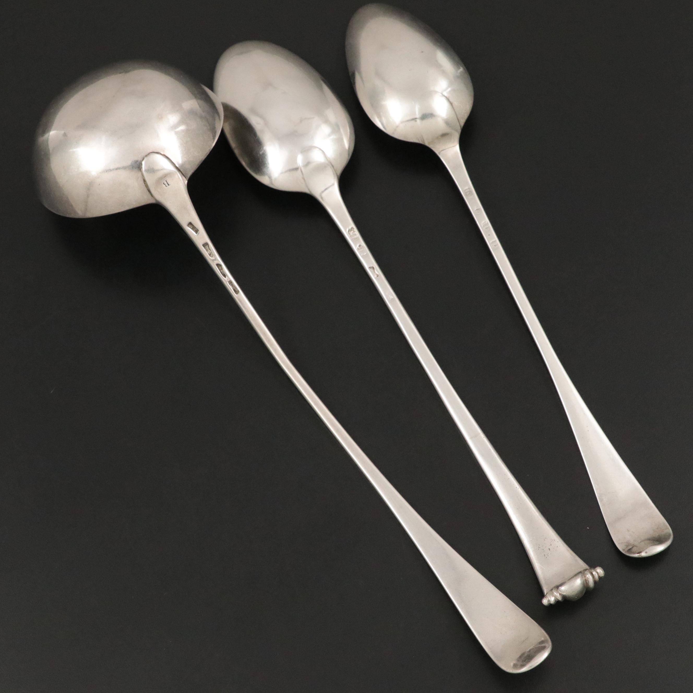 English Sterling Silver Ladle and Serving Spoons, 18th Century