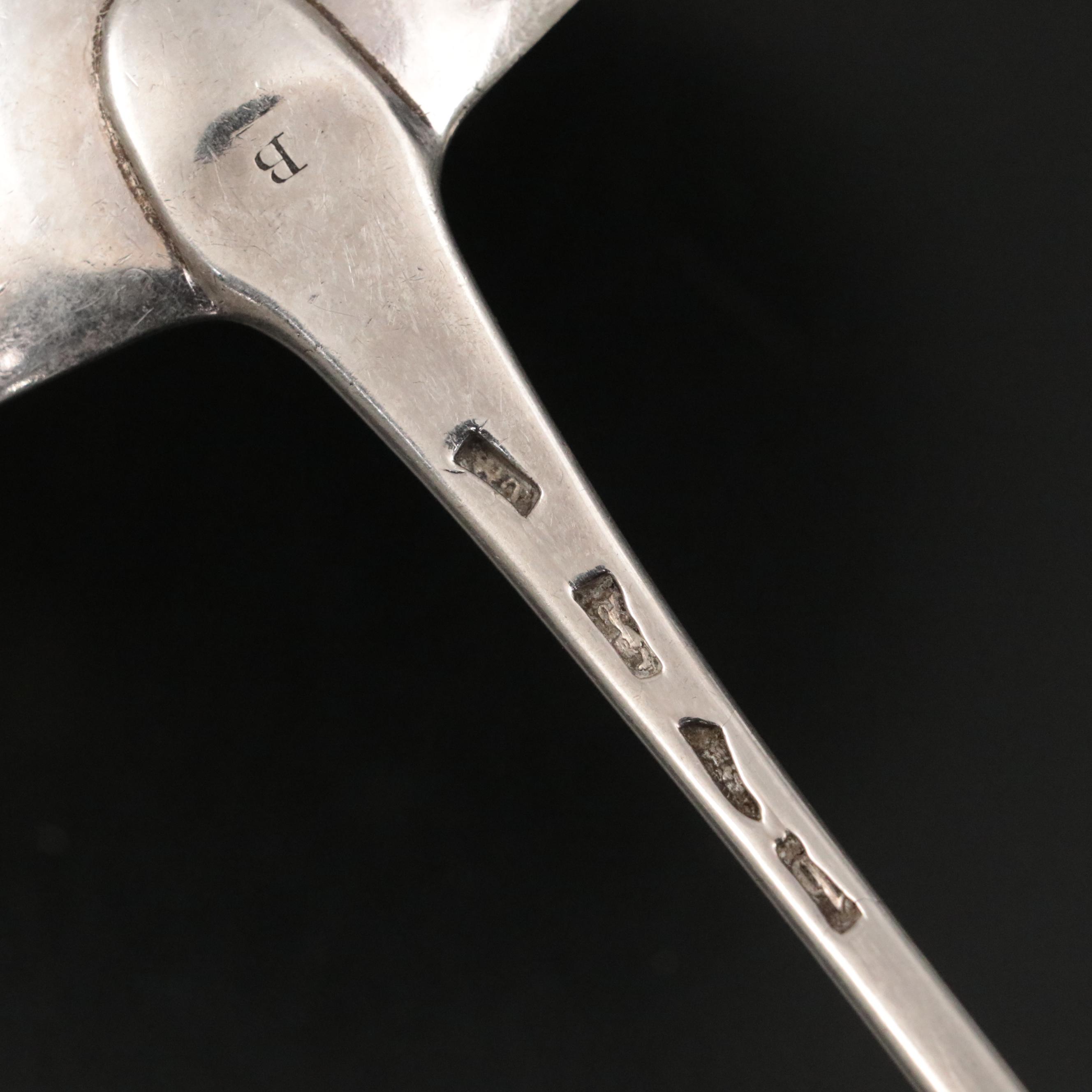 English Sterling Silver Ladle and Serving Spoons, 18th Century