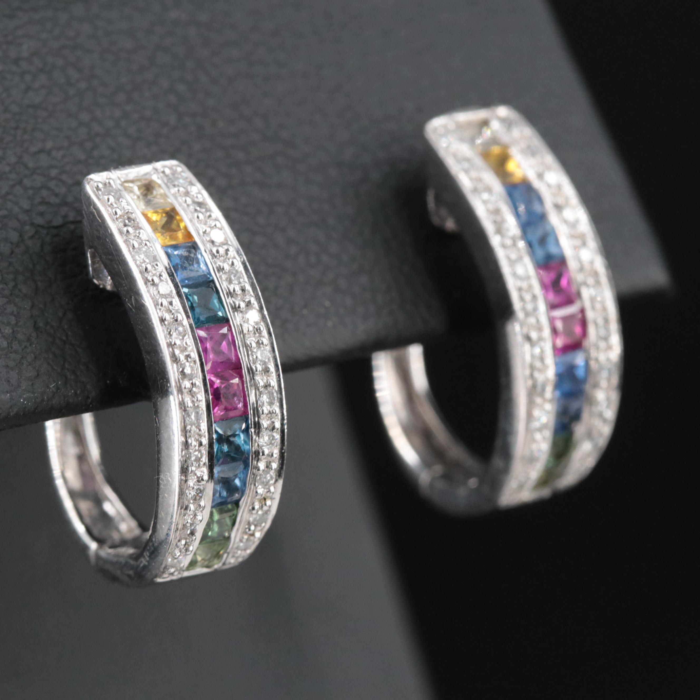 18K Sapphire, Ruby, and Diamond Hoop Earrings