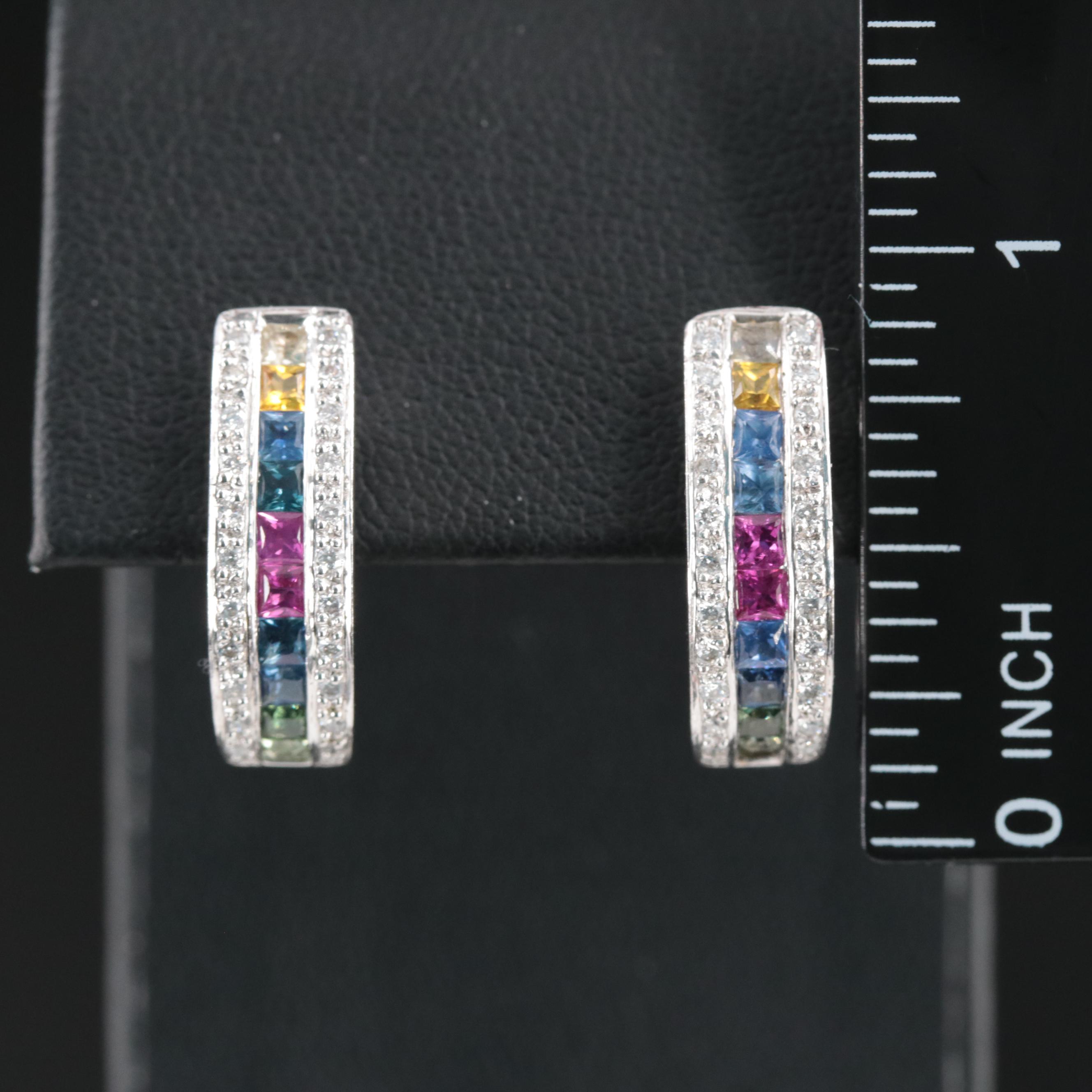 18K Sapphire, Ruby, and Diamond Hoop Earrings