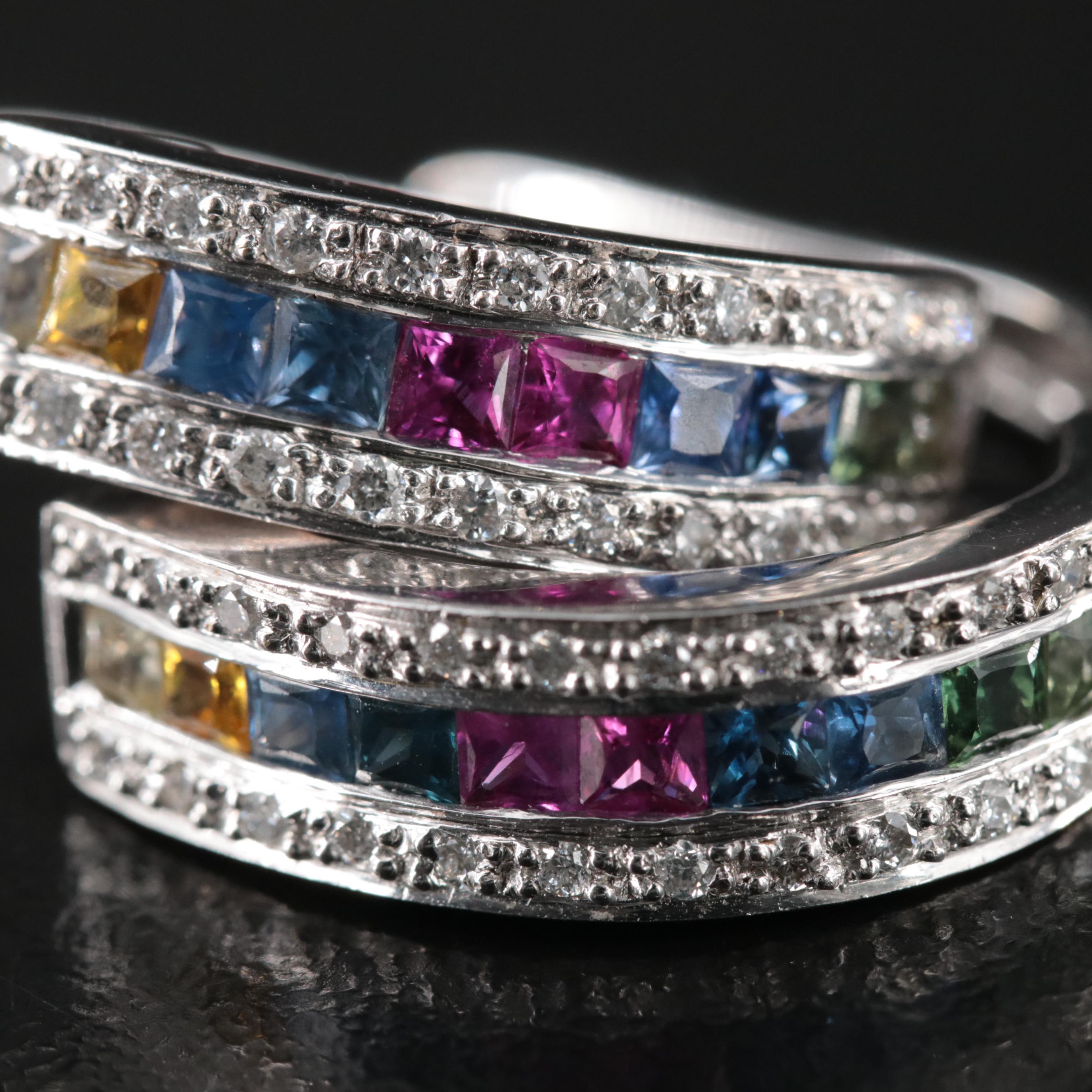 18K Sapphire, Ruby, and Diamond Hoop Earrings