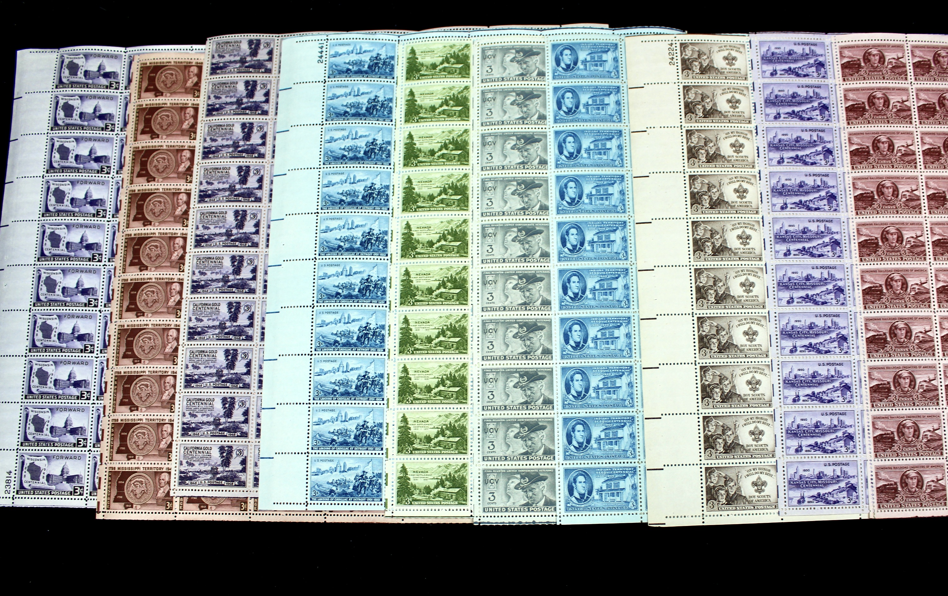 Seventy-two Different Three Cent Stamp Sheets from the 1940's and 1950's