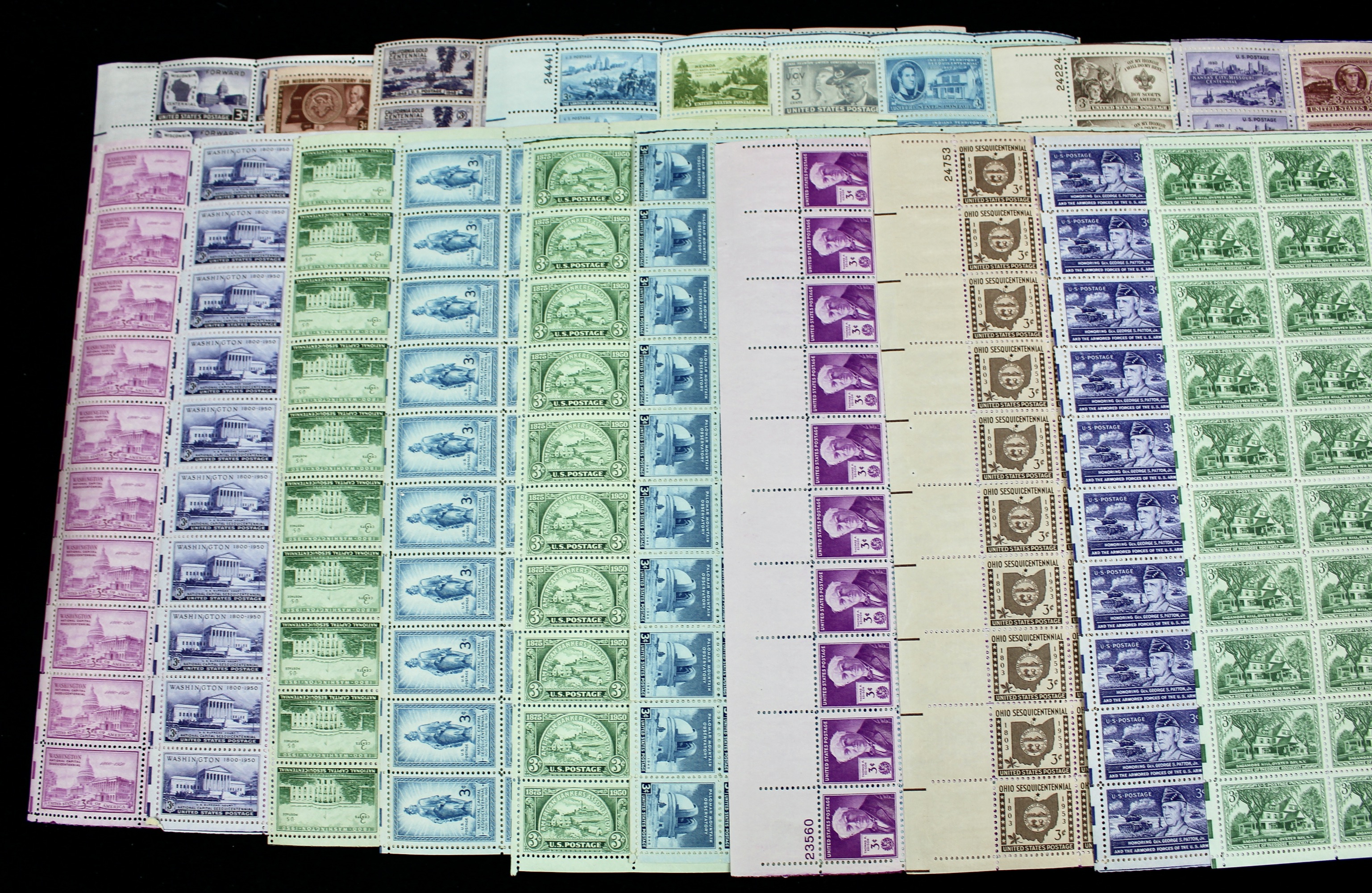 Seventy-two Different Three Cent Stamp Sheets from the 1940's and 1950's