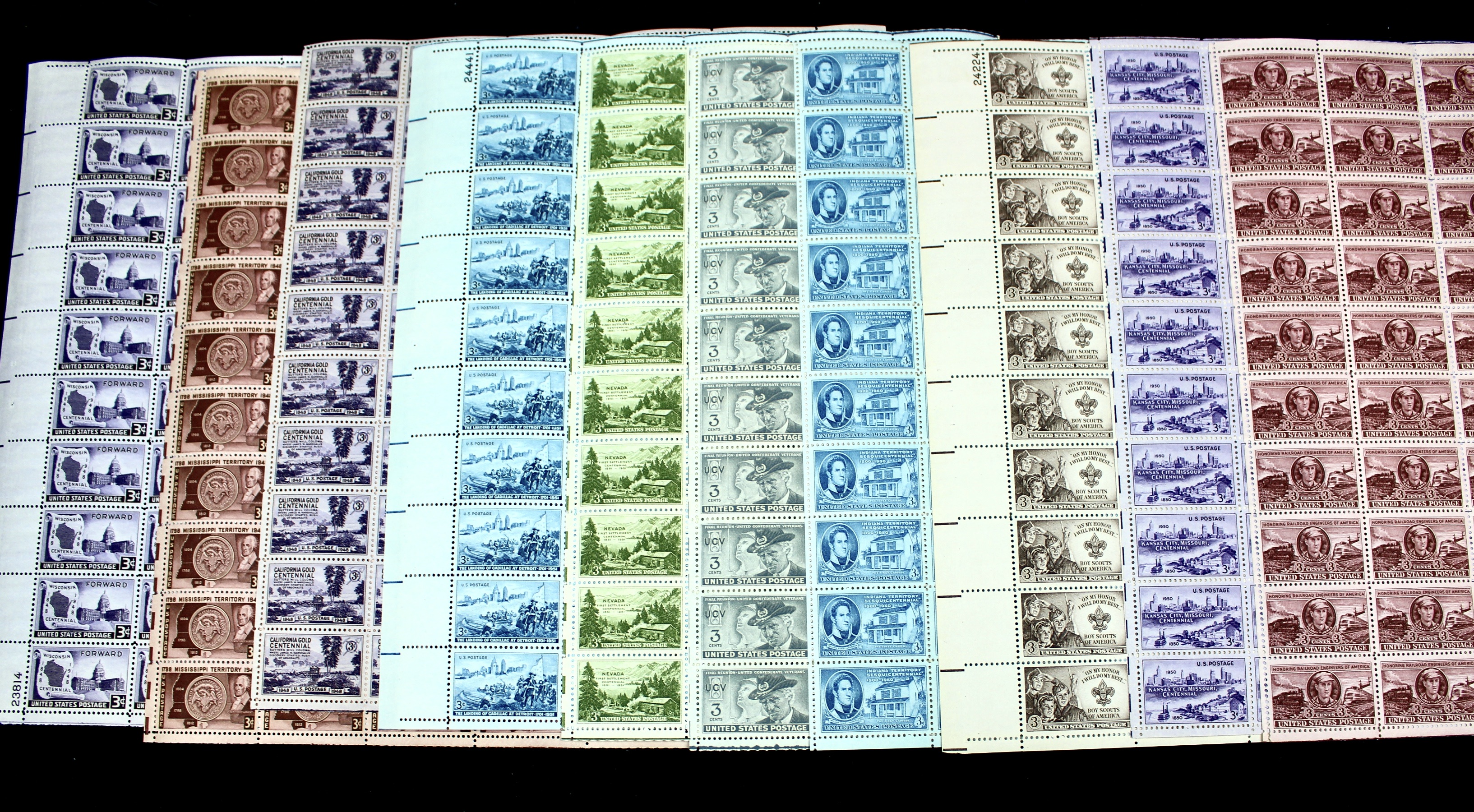 Seventy-two Different Three Cent Stamp Sheets from the 1940's and 1950's
