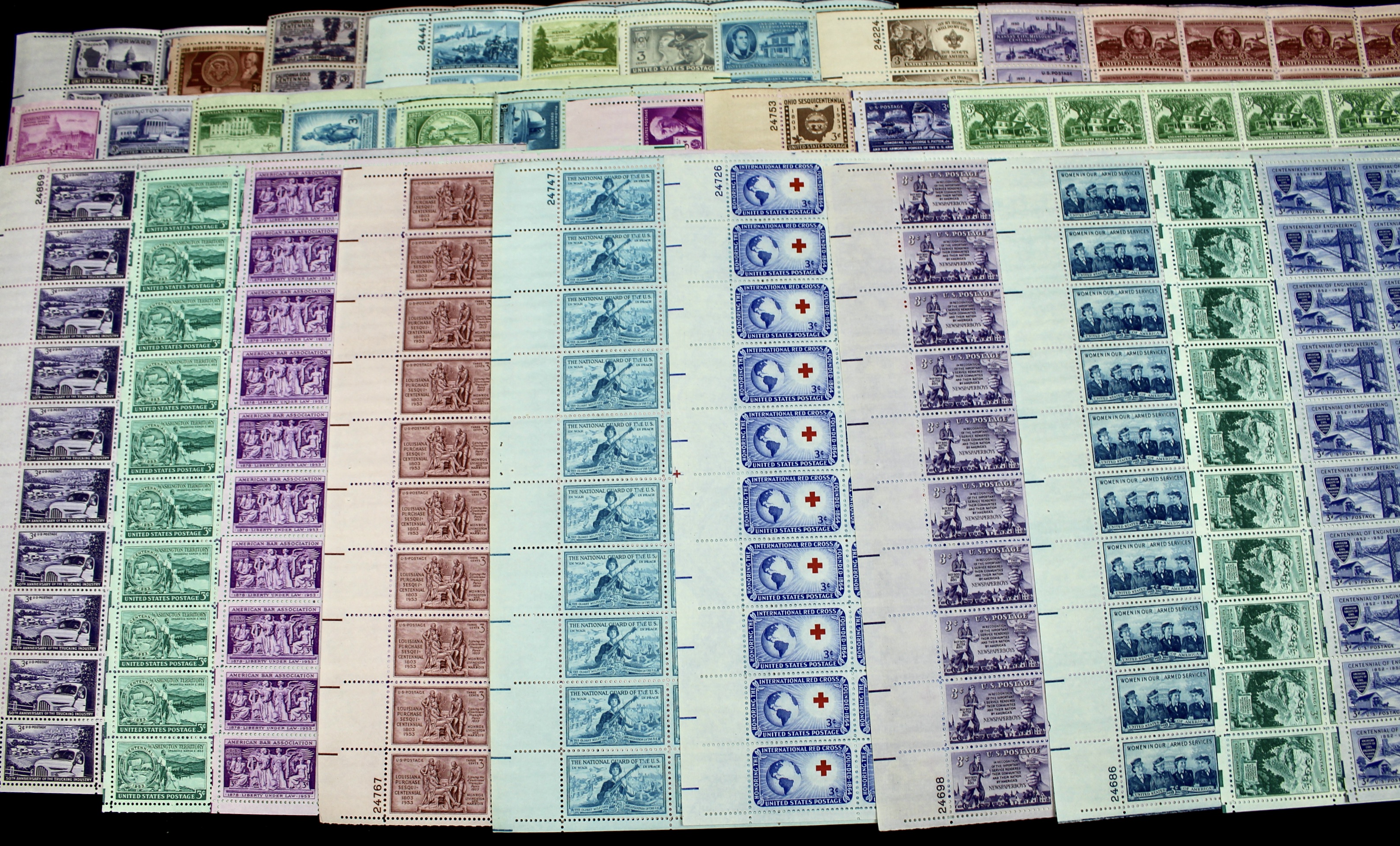 Seventy-two Different Three Cent Stamp Sheets from the 1940's and 1950's