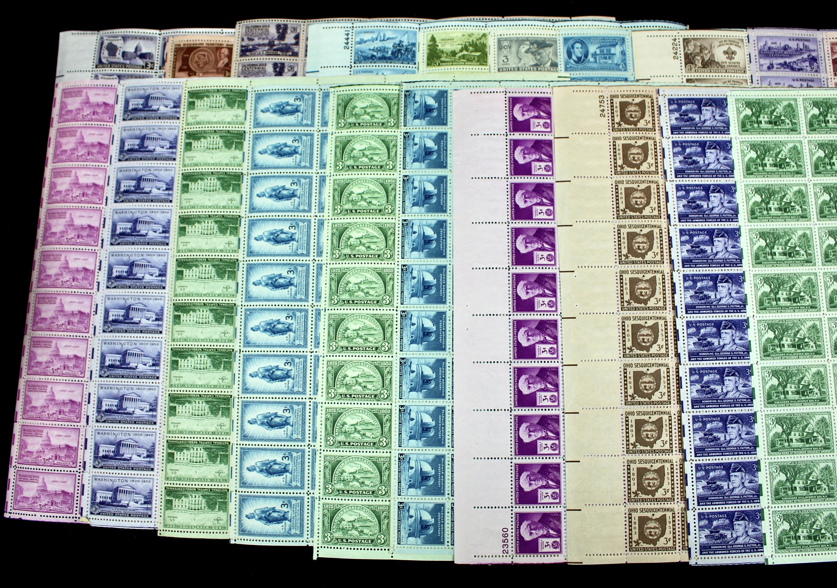 Seventy-two Different Three Cent Stamp Sheets from the 1940's and 1950's