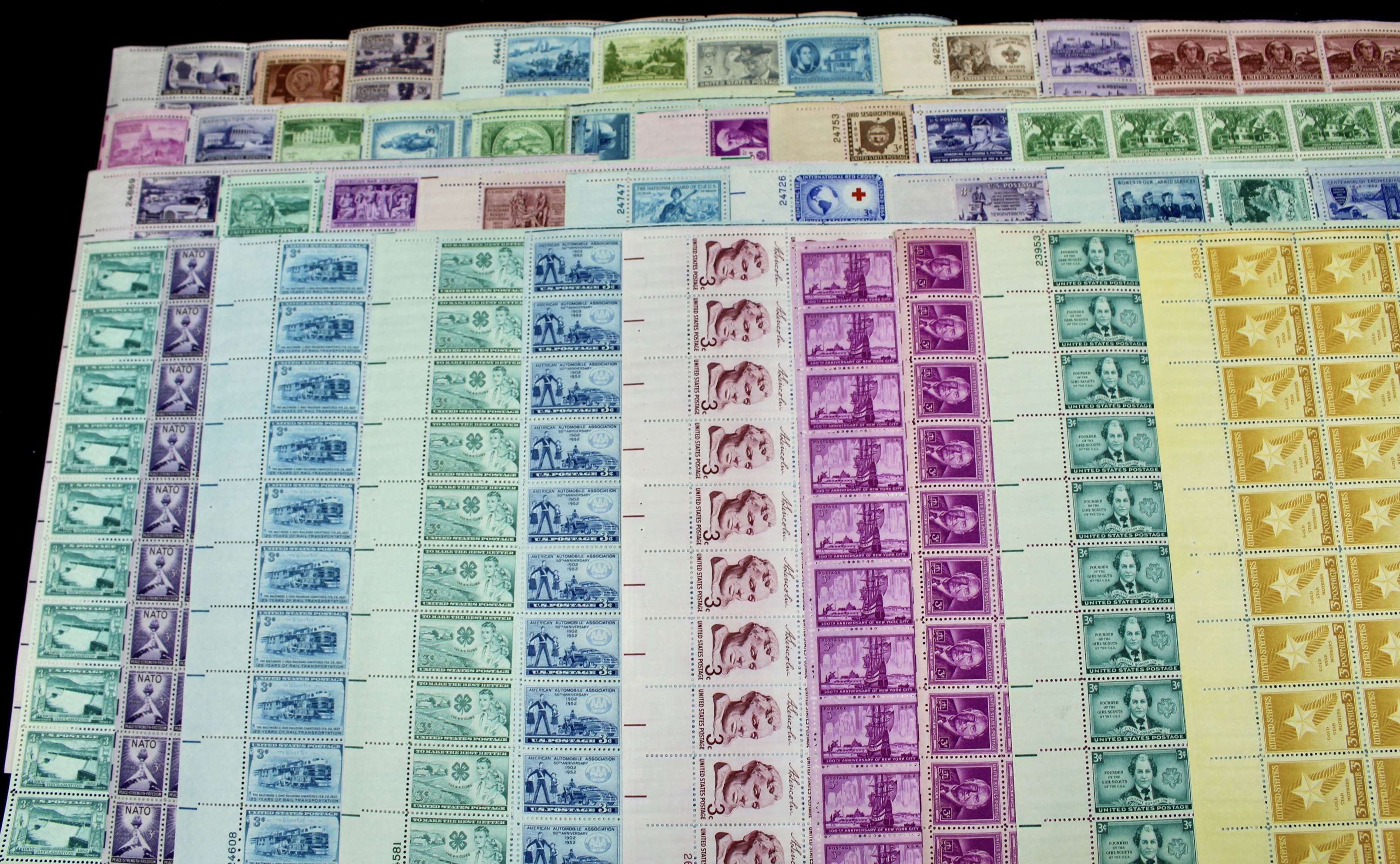Seventy-two Different Three Cent Stamp Sheets from the 1940's and 1950's