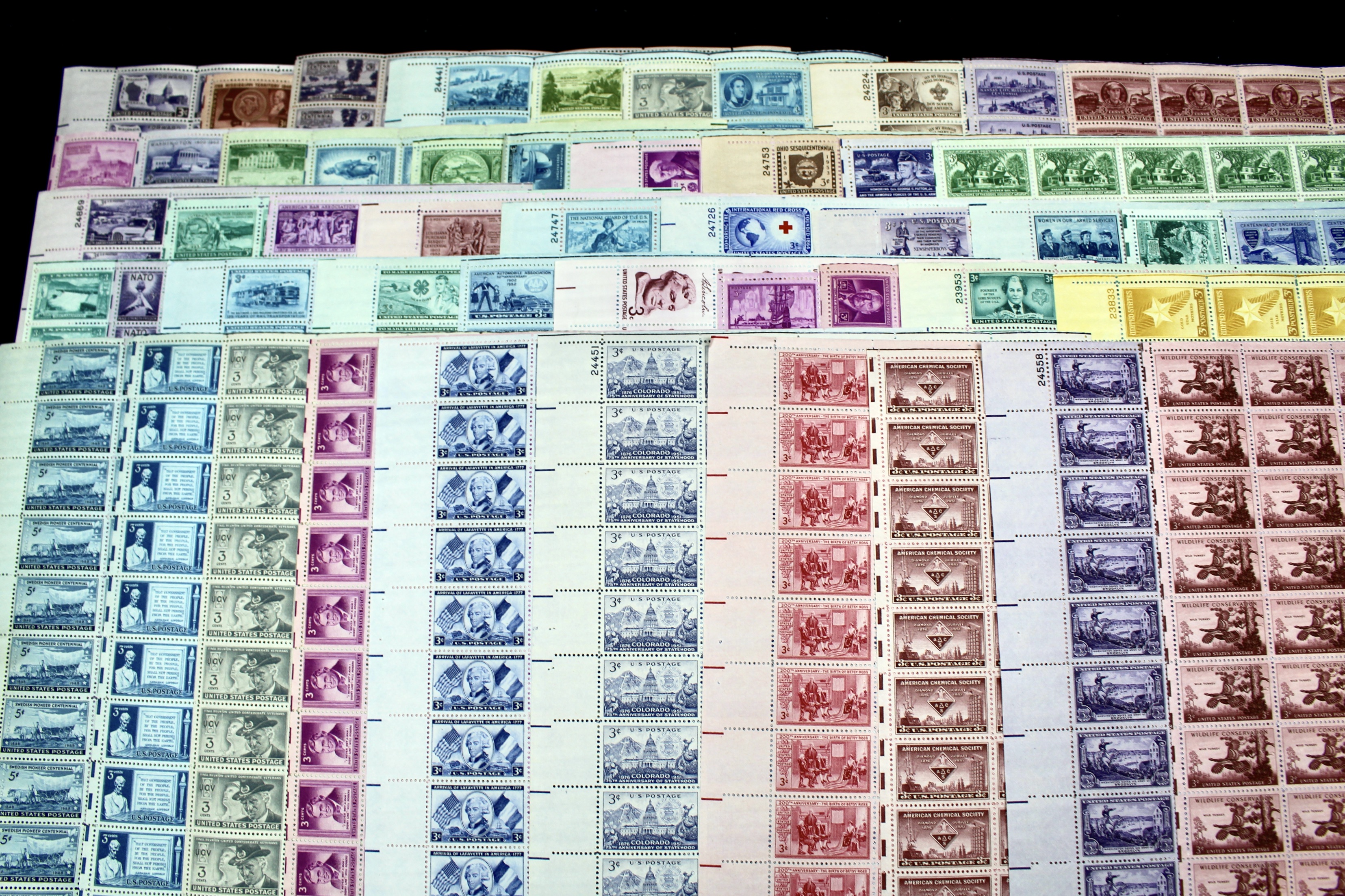 Seventy-two Different Three Cent Stamp Sheets from the 1940's and 1950's