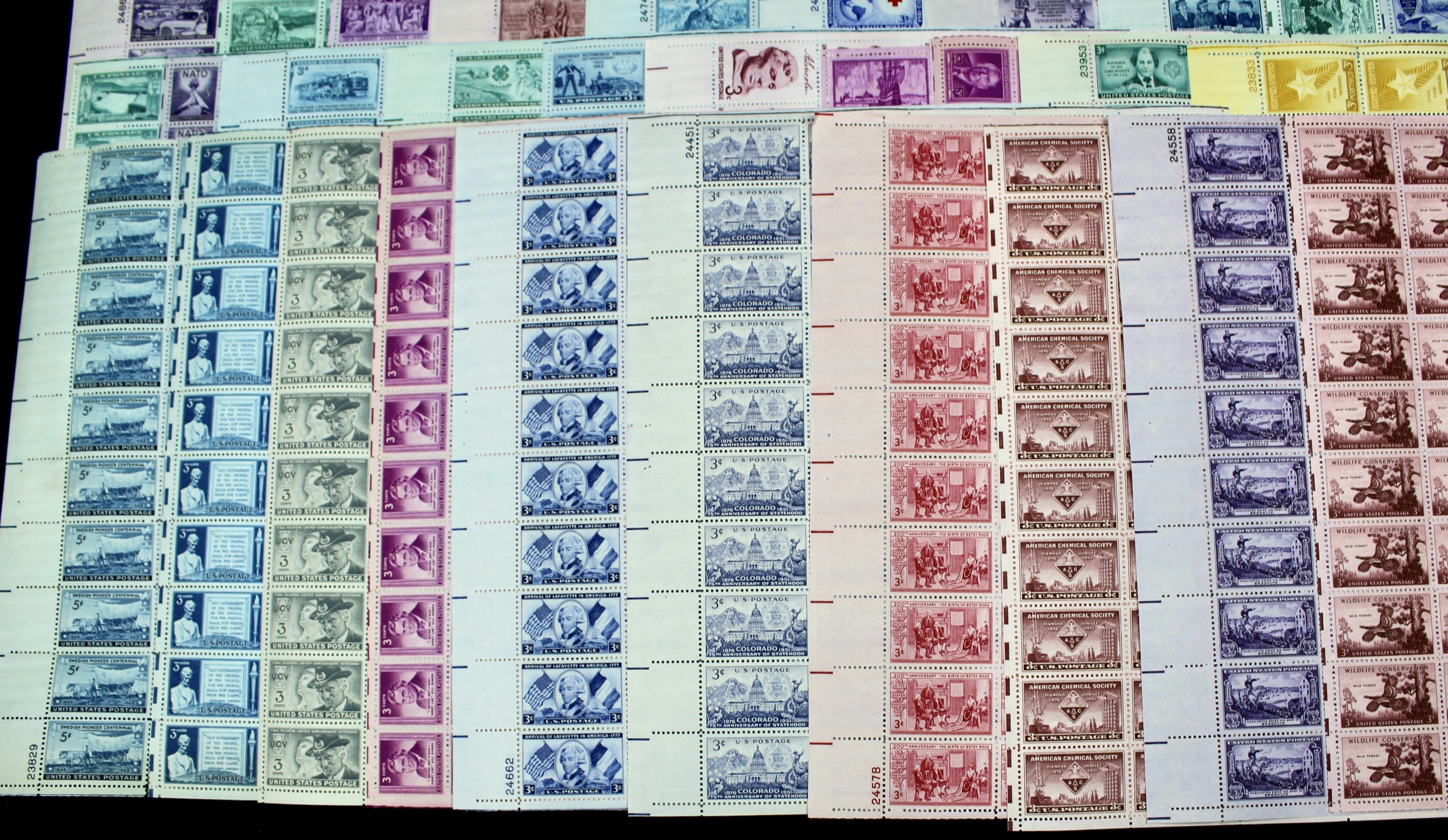 Seventy-two Different Three Cent Stamp Sheets from the 1940's and 1950's