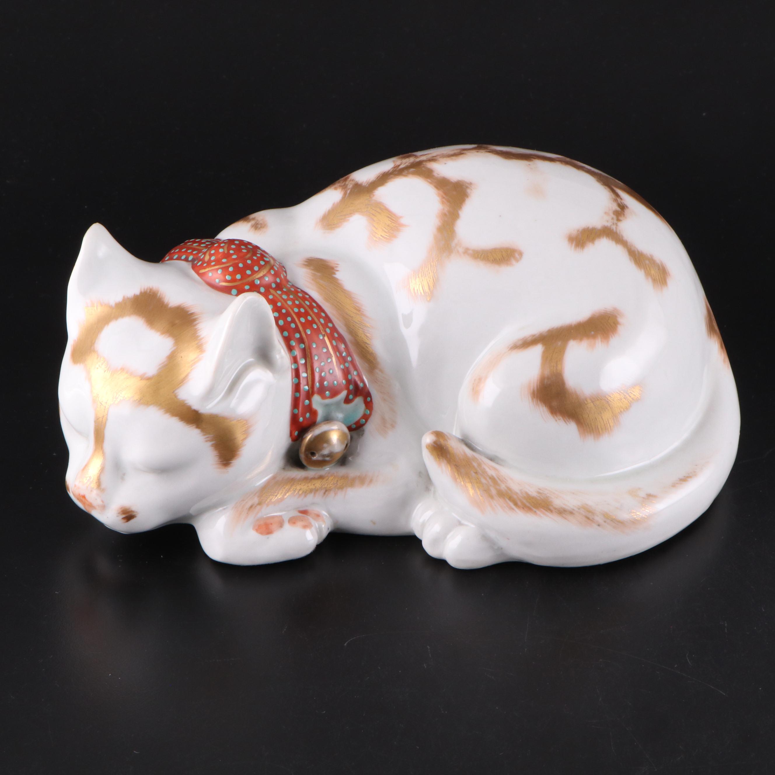 Japanese Style Kutani Porcelain Sleeping Cat Figurine