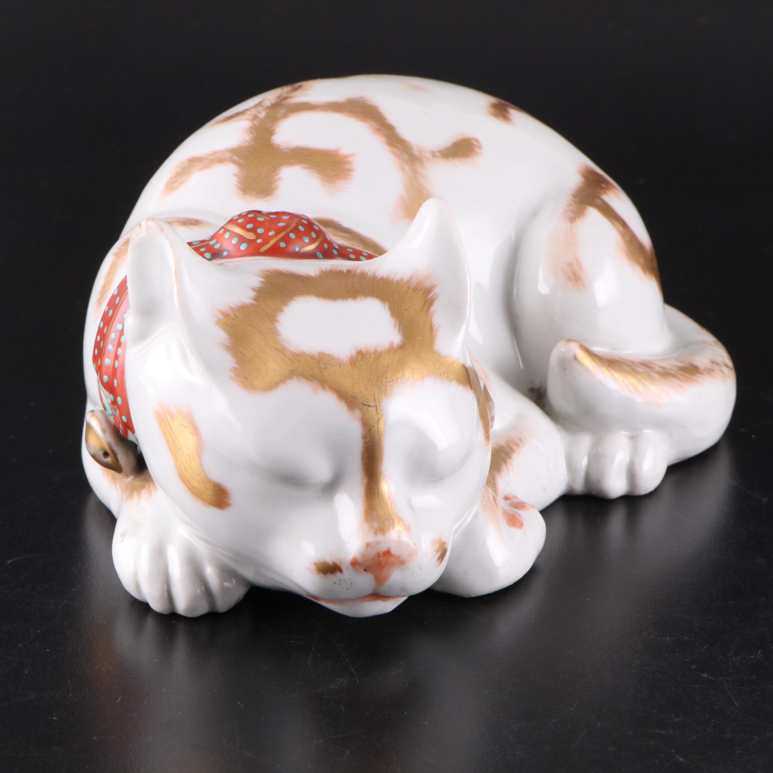 Japanese Style Kutani Porcelain Sleeping Cat Figurine