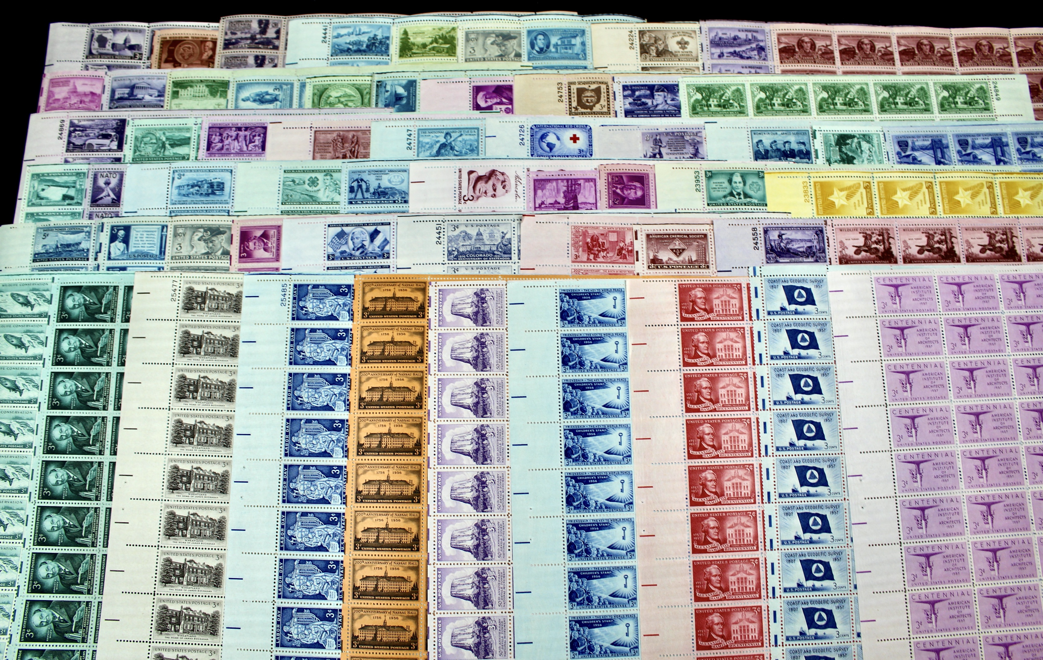 Seventy-two Different Three Cent Stamp Sheets from the 1940's and 1950's