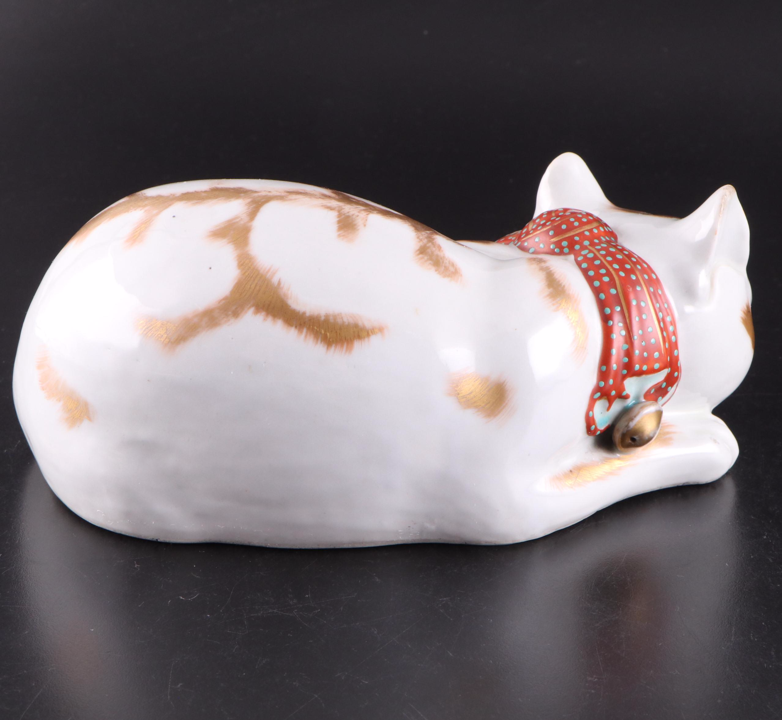 Japanese Style Kutani Porcelain Sleeping Cat Figurine