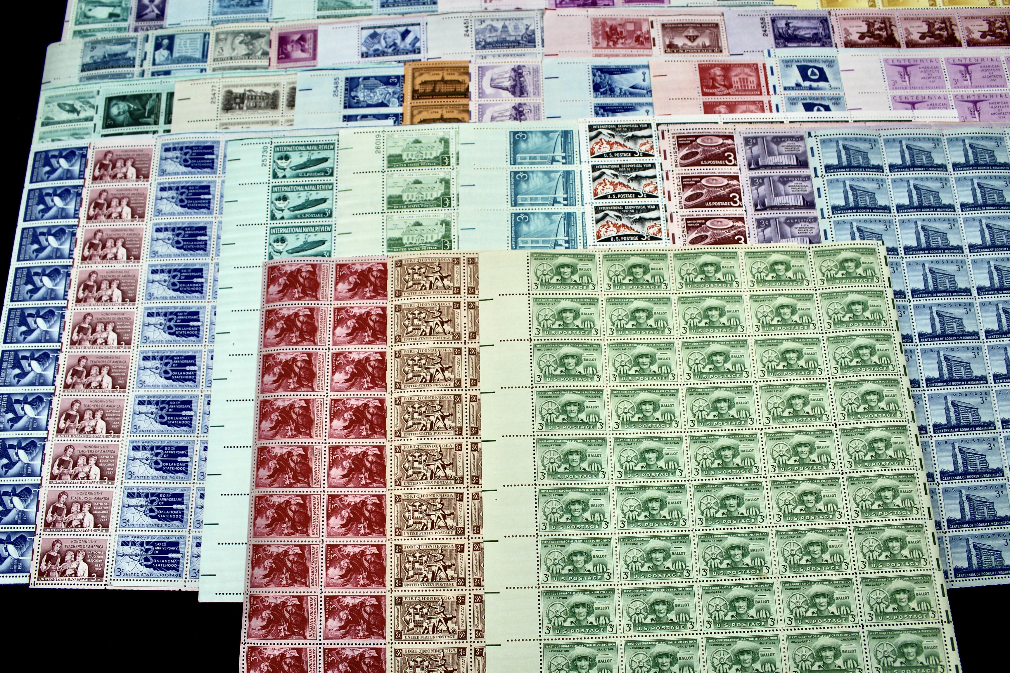 Seventy-two Different Three Cent Stamp Sheets from the 1940's and 1950's